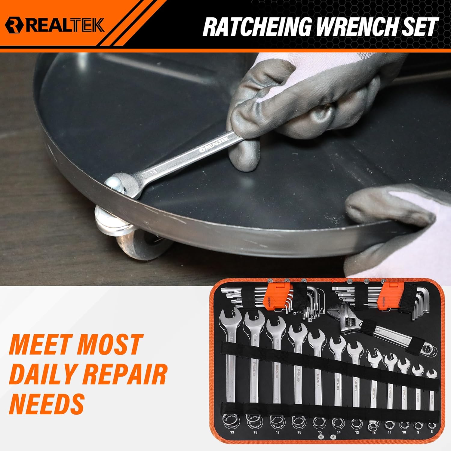 REALTEK 123 Piece Tool Set with Aluminum Case, Mechanics Tool Set with CR-V Constructed, Professional Tool Kit for Home and Car Repair