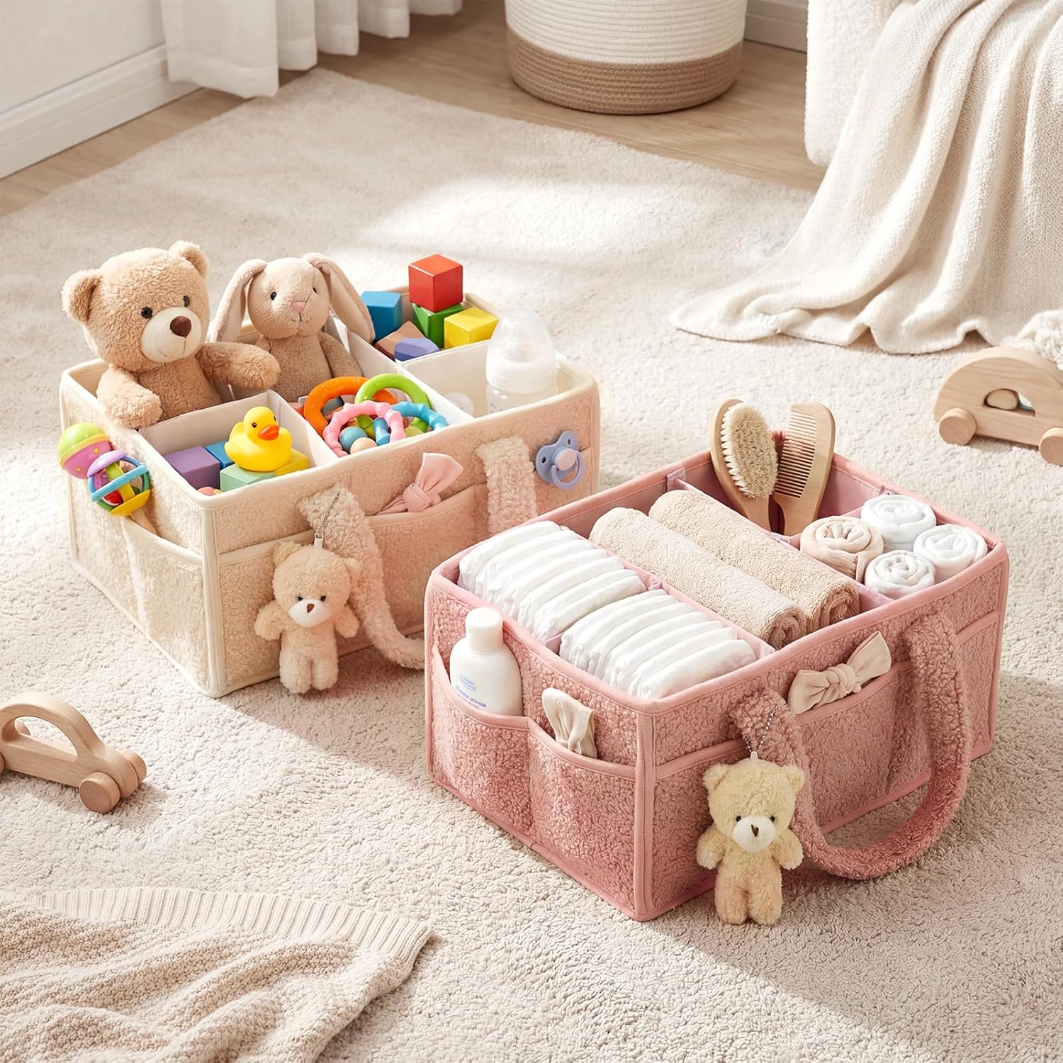 2 Pack Diaper Caddy Organizer Baby Caddy Organizer with Handle Nursery Storage Bin and Car Storage Basket for Diapers, Wipes, Newborn Necessities Baby Shower Gifts(Powder Pink and Ivory)