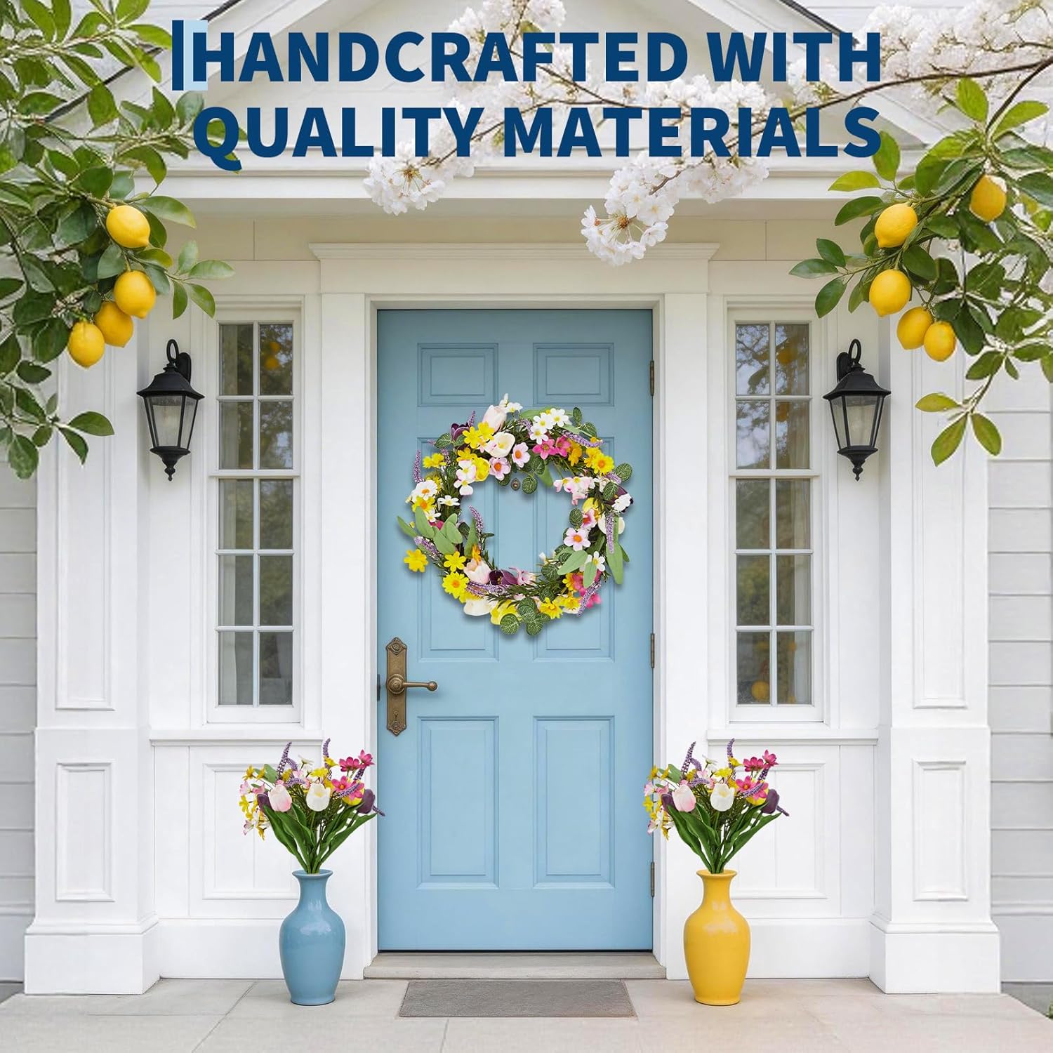 Garvee Spring Wreath for Front Door – 18in Spring Tulip Wreath and Lush Greenery, Artificial Floral Door Wreath on Real Rattan Base, Includes 2 Matching Bouquets for Spring Front Door Decor
