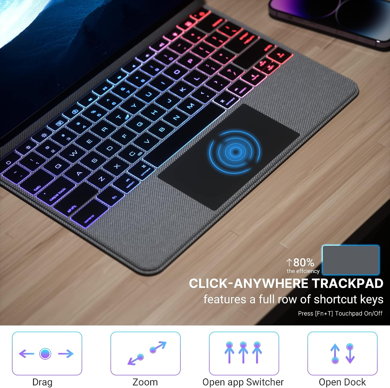 Image detailing multi-touch trackpad gestures for the edaiser Magic Keyboard Case, including drag, zoom, app switcher, and dock.