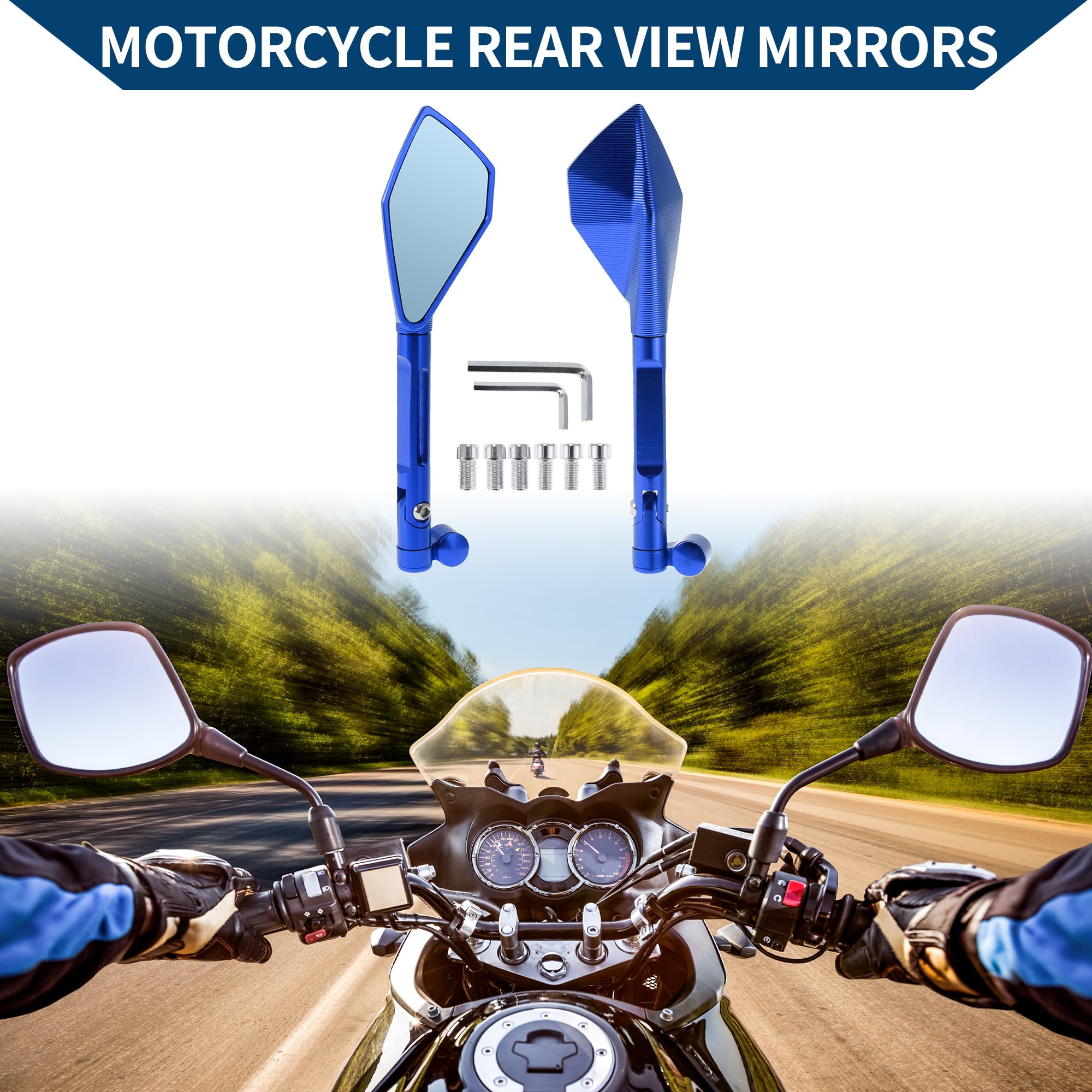 Specchietti Retrovisori Laterali Regolabili per Moto 1 Set Blu | Colore Blu, Lega Alluminio, 11.2x5.6cm, M8/M10, Per Yamaha, Per Kawasaki, Per Honda Shadow, Regolabili 360°
