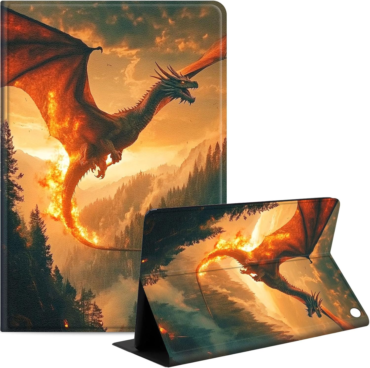 for Fire HD 10 Tablet Case for Kindle Fire HD 10/10 Plus 13th/11th Gen 2023/2021, Slim PU Leather Stand Cover with Auto Wake/Sleep, Multi-Angle Viewing & Shockproof, Dragon Forest Flames