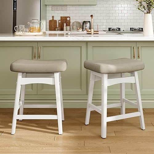 Miniatura 7 de MAISON ARTS Juego de 4 taburetes de bar de altura para encimera de cocina, patas de madera con asiento acolchado de cuero sintético, taburetes de