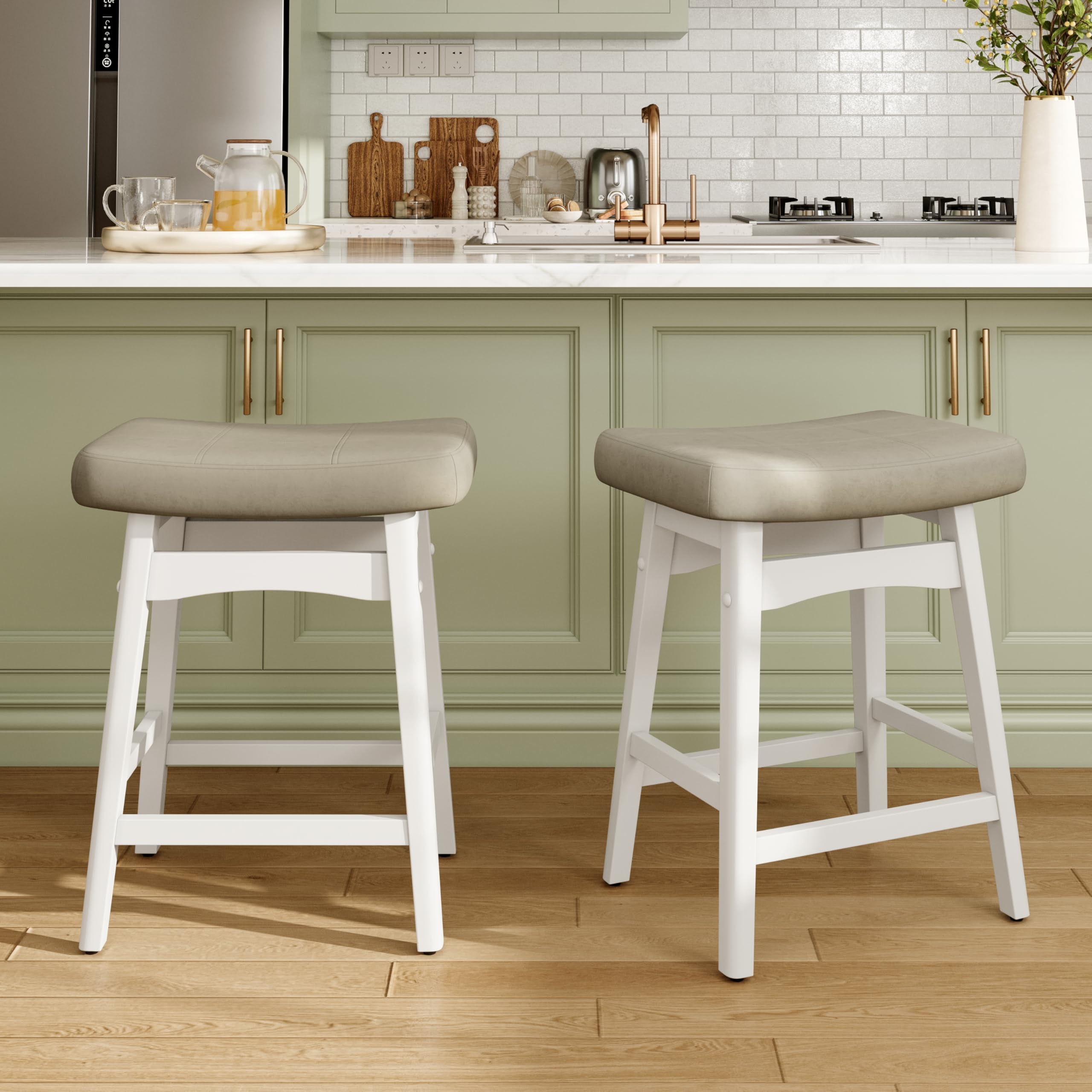 MAISON ARTS Beige Counter Height Bar Stools Set of 2 for Kitchen Counter Solid Wood Legs with Faux Leather Saddle Seat Farmhouse Barstools for 34"-38" Counter Island Upholstered Stools, 24in Height