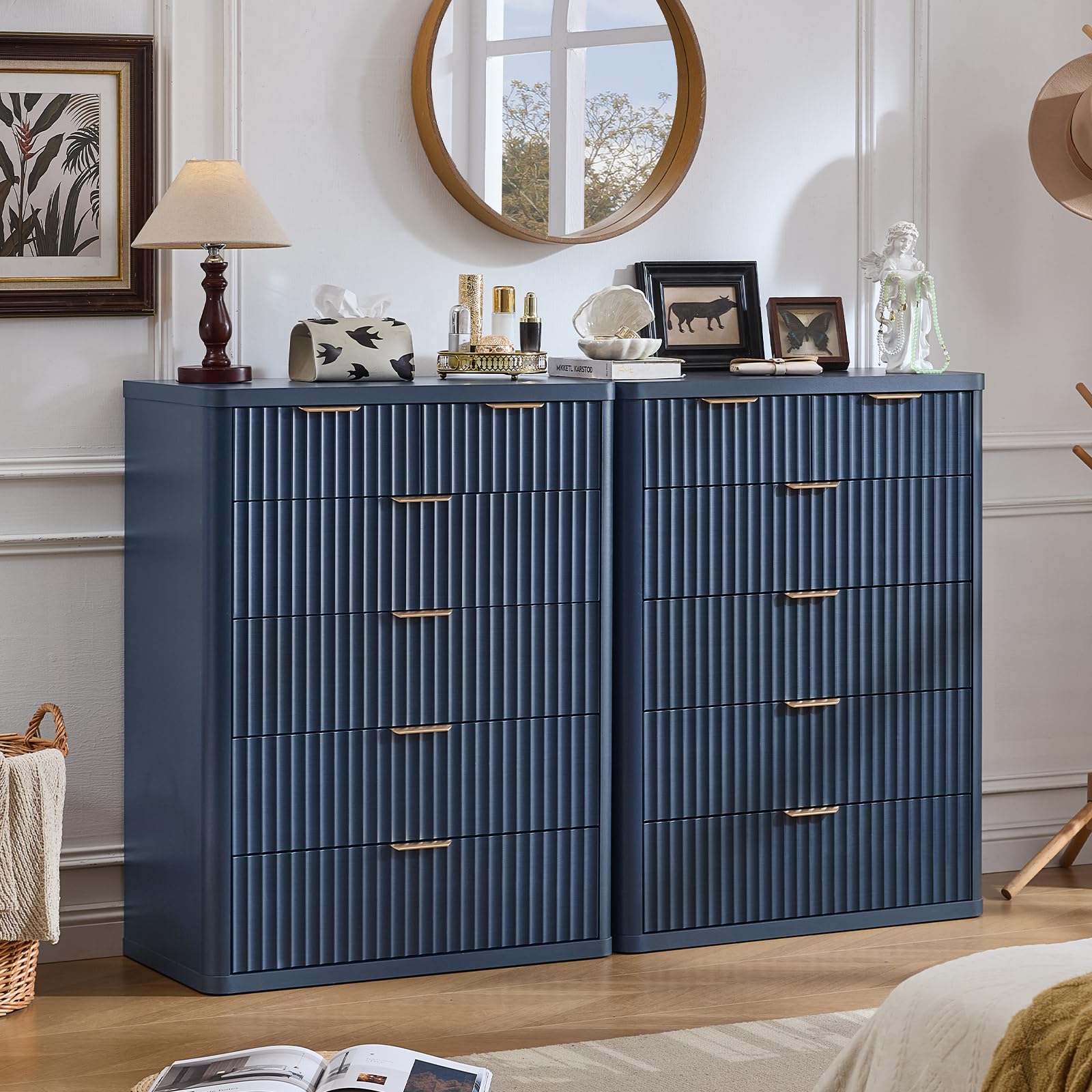 LEYAOYAO Fluted 6 Drawers Dresser for Bedroom Set of 2, 42" Tall Modern Chest of Drawer with Metal Handle, Curved Profile Design,Wood Drawer Organizer for Bedroom, Living Room, Hallway,Blue