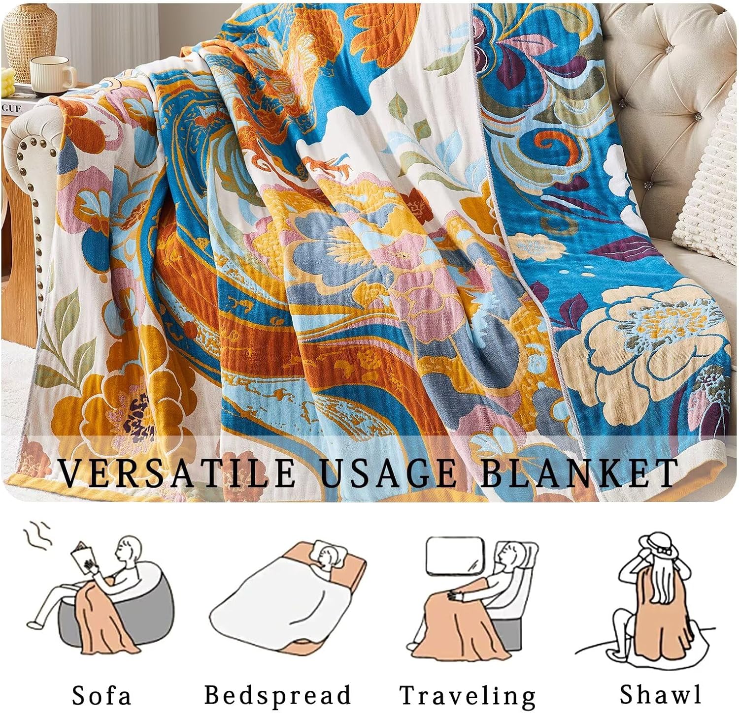 Boho Blanket Soft Muslin BohoThrow Blanket, 100% Cotton Floral Printed Farmhouse Decor All Season Reversible Rustic Throw for Sofa Couch Chair (50"x60")