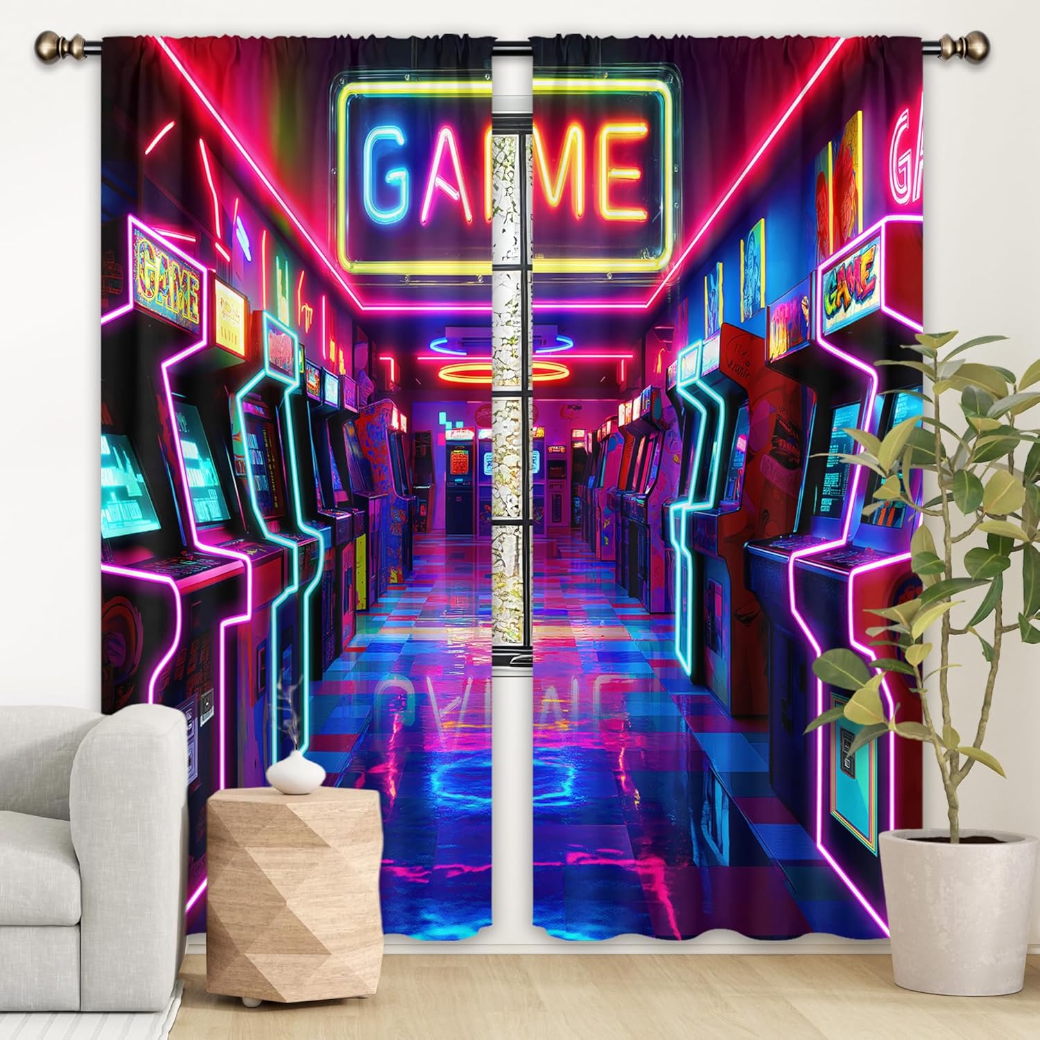 LIGHTINHOME Neon Arcade Game Curtains 52Wx84H Inch Extra Wide Gamer Gaming Cool 80s 90s Bedroom Decor for Boys Kids 2 Panels Rod Pocket Living Room Window Drapes Treatment Fabric