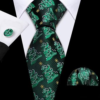 Barry.Wang Christmas Ties for Men Necktie Festival Tie Sets Xmas Tree Snowflakes Handkerchief Cufflinks Party Holiday