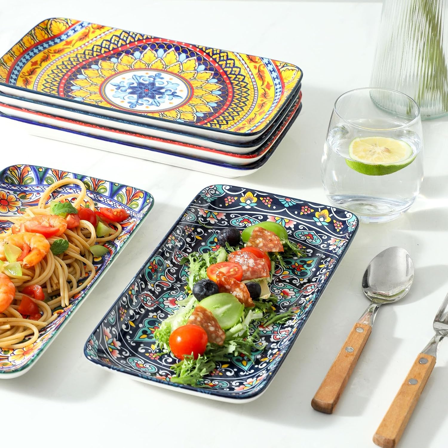 glowworm 10.5 Inch Rectangular Dinner Plates, Ceramic Salad Plates Set of 6, Porcelain Serving Platters for Dessert, Appetizer, Microwave & Oven Safe, Bohemian