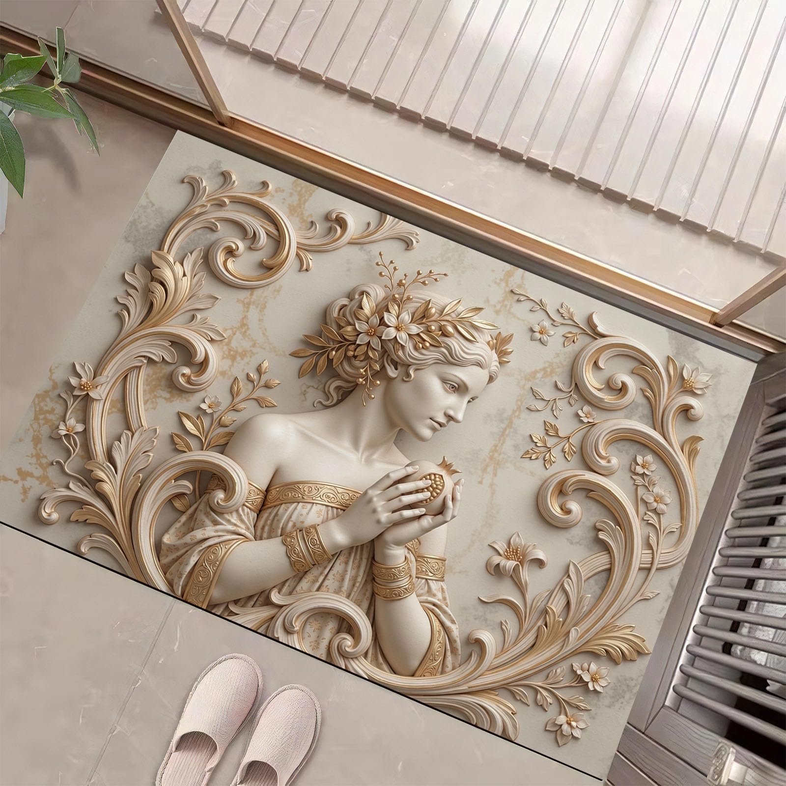 Paillasson d'entrée marron doré de 60x90 cm avec motif de statue féminine