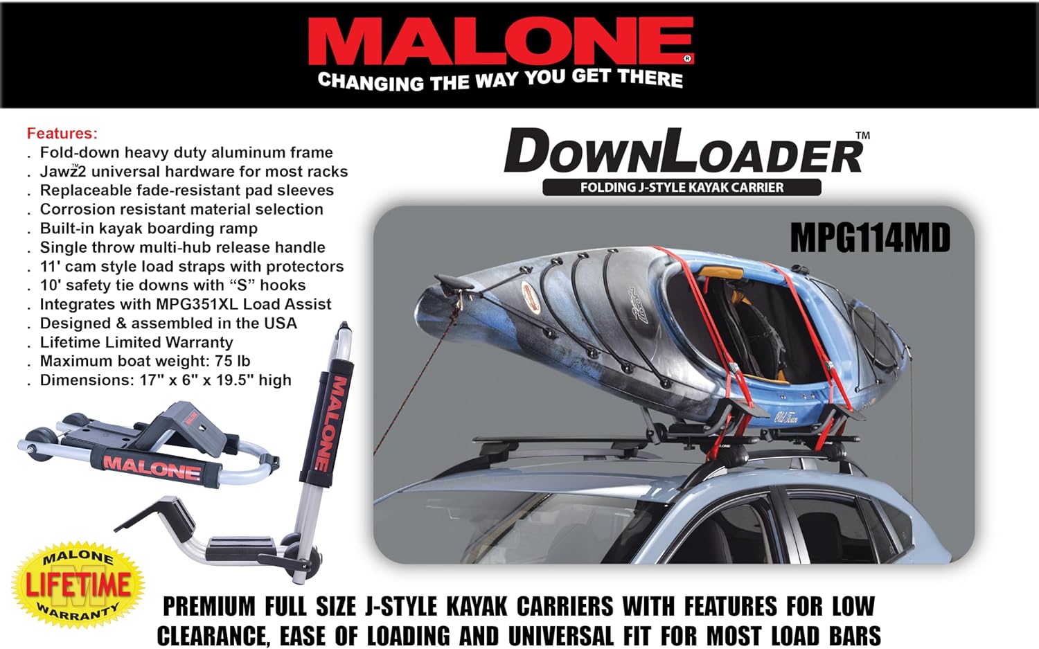 Malone Downloader Folding J-Style Universal Car Rack Kayak Carrier with Bow and Stern Lines image 2