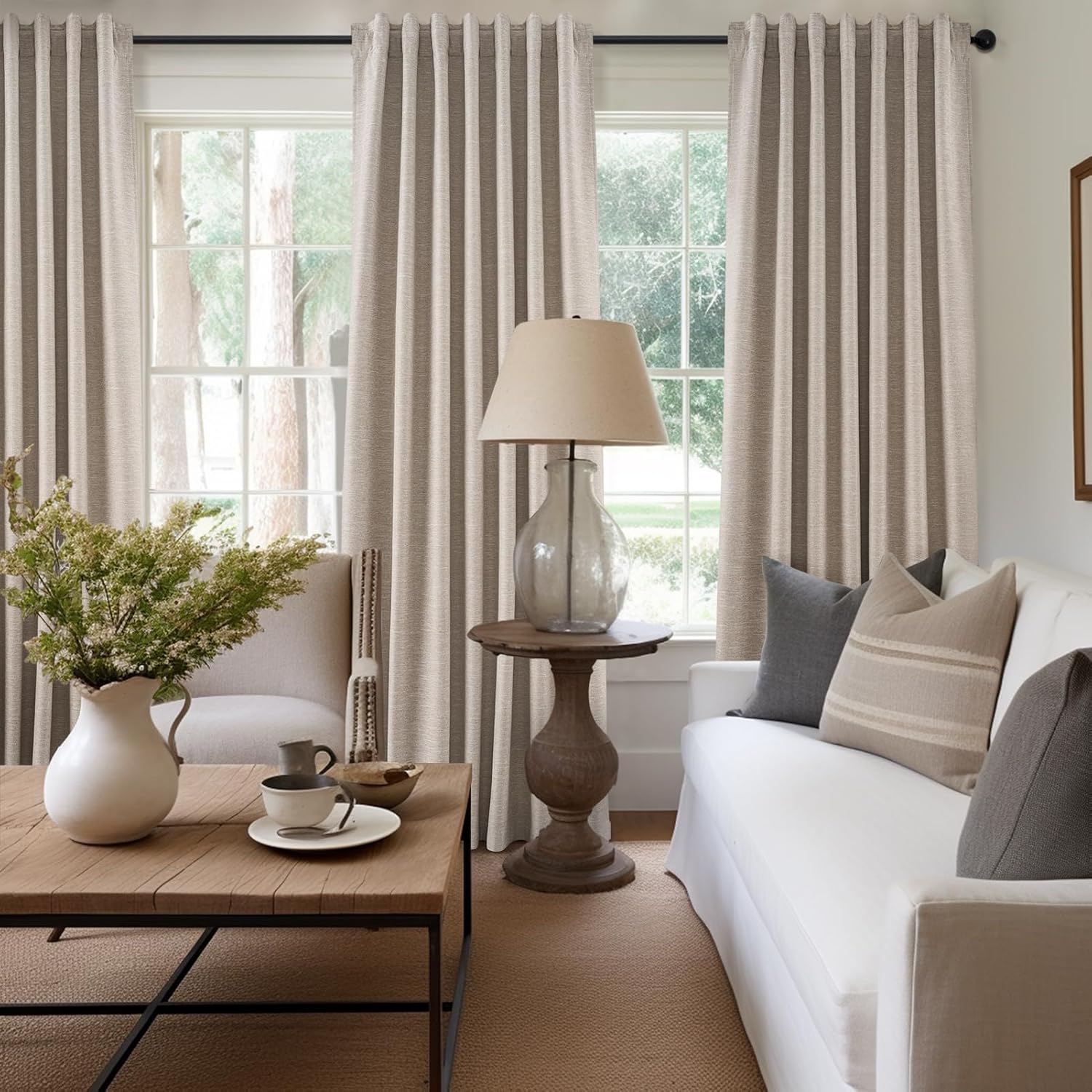 Topfinel Light Blocking Rustic 96 Inch Long Linen Curtains 2 Panel Set, Modern Farmhouse Curtains for Living Room, Room Darkening Tab Top Textured Noise Reduction Drape 8FT Hook&Ring Included