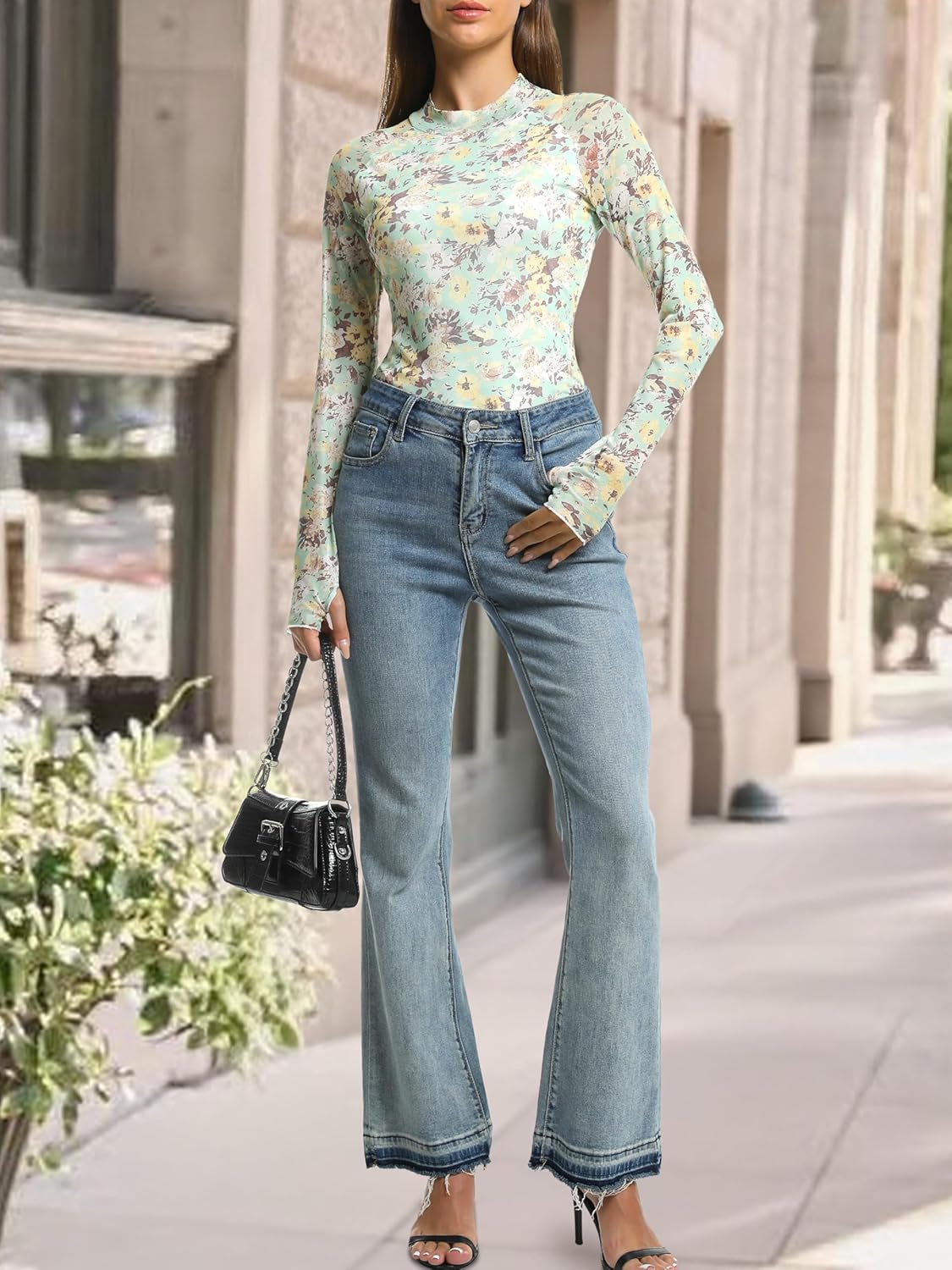 Floral Mesh Long Sleeve Lace Sheer Mockneck Trendy Cute Going Out Tops for Women Fall Fitted Sexy Fashion Outfits Clothes - Image 7