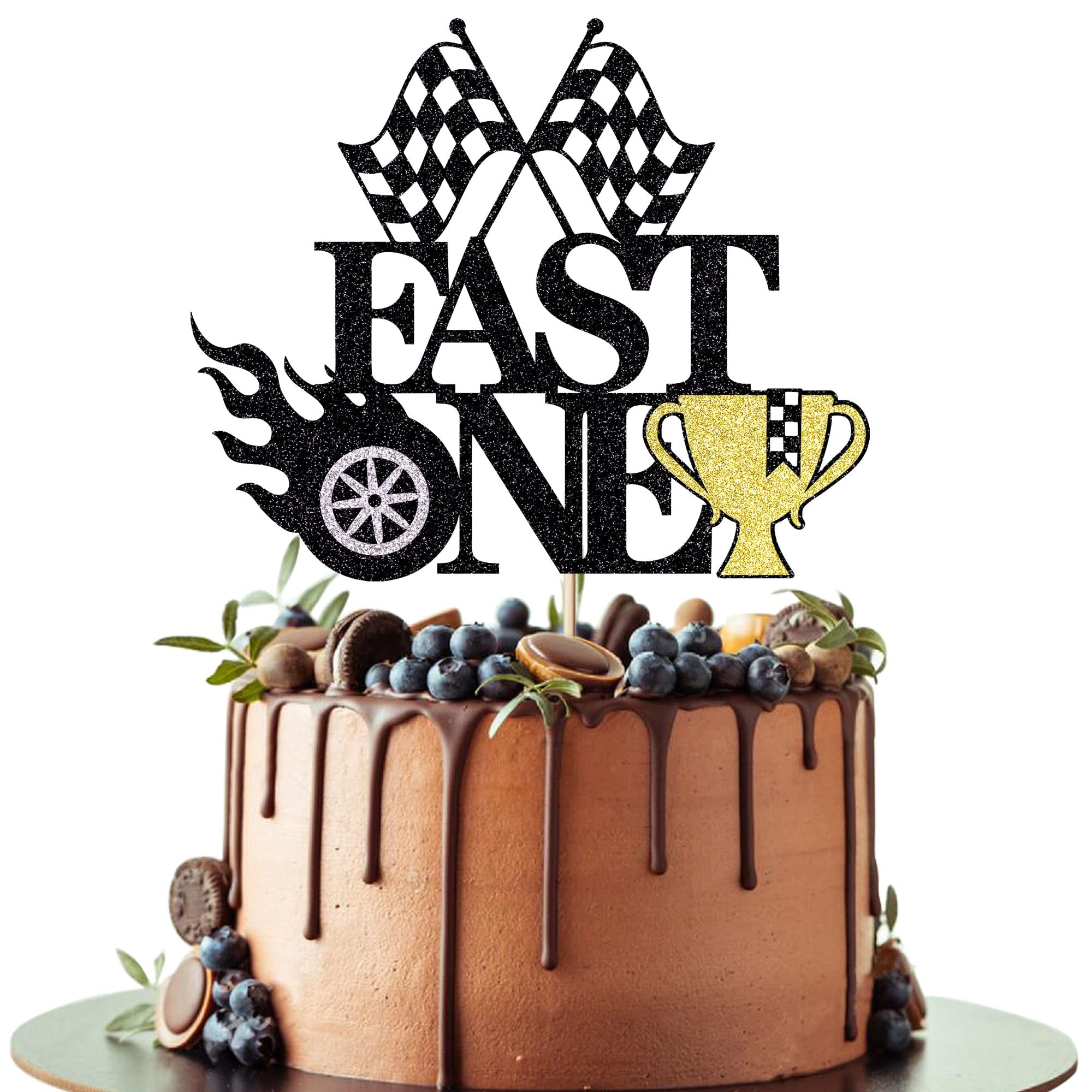 fast one cake topper - black glitter racing checkered flag theme cake topper - boy girl birthday party decoration supplies