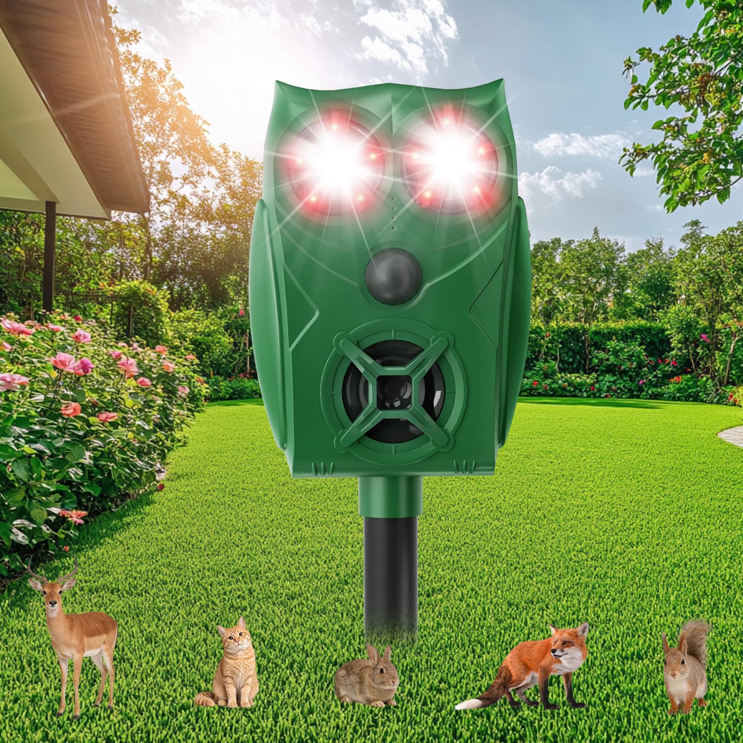 Cat Repellent for Gardens UK, Solar & USB Charging Ultrasonic Animal Scarer with 5 Modes, LED Flash, PIR Motion Sensor, IP65 Waterproof Outdoor Deterrent for Cats Foxes Squirrels Rabbits Dogs