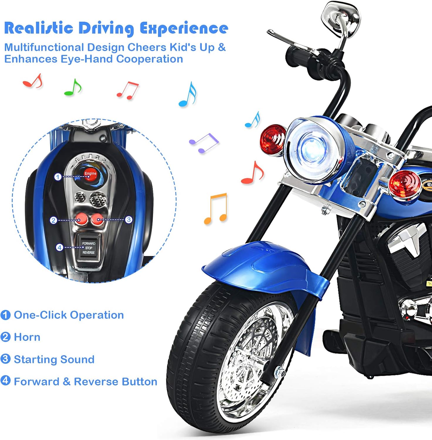 HONEY JOY Kids Motorcycle, 6V Battery Powered Toddler Chopper Motorbike Ride On Toy w/Horn & Headlight, Foot Pedal, 3-Wheel Mini Electric Motorcycle for Kids, Gift for Boys Girls(Blue)