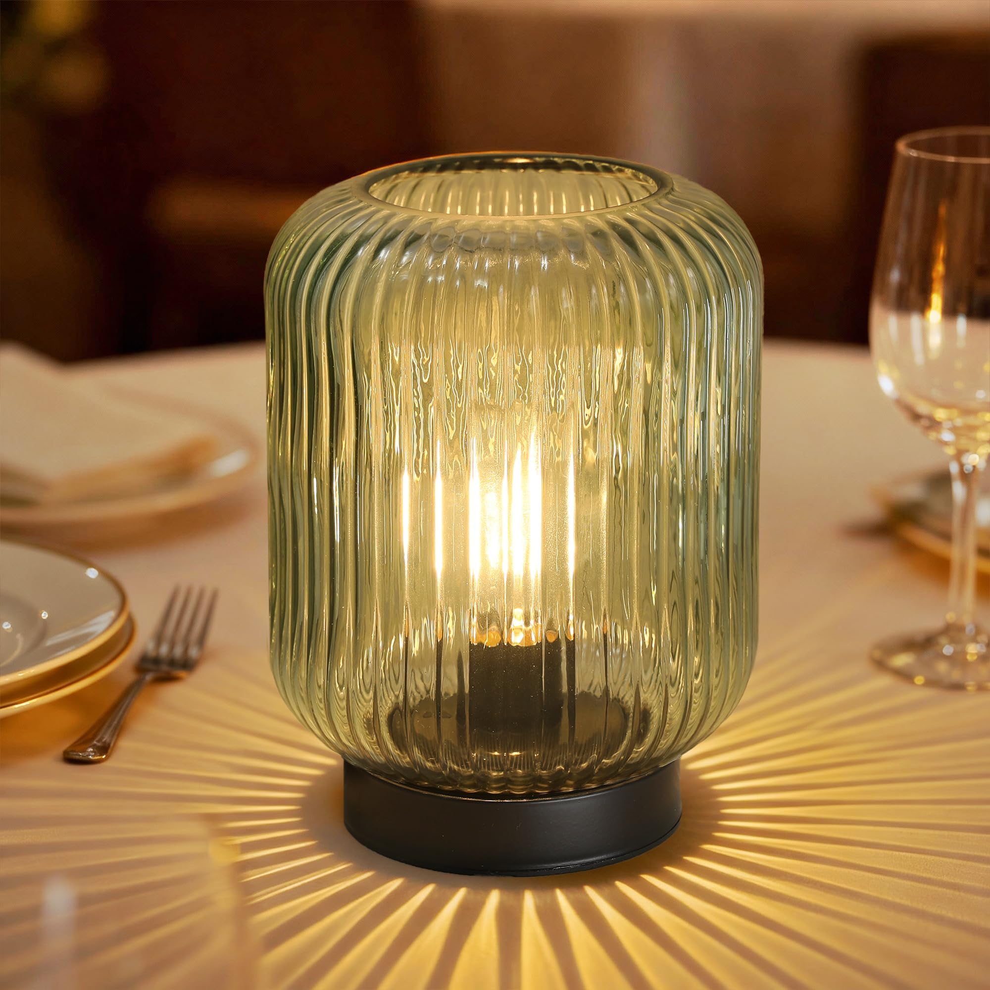 Battery Operated Lamp, Cordless Table Lamps for Home Decor, Battery Powered Nightlight with LED Bulb, Decorative Glass Beside Lamp for Bedroom Living Room-Green