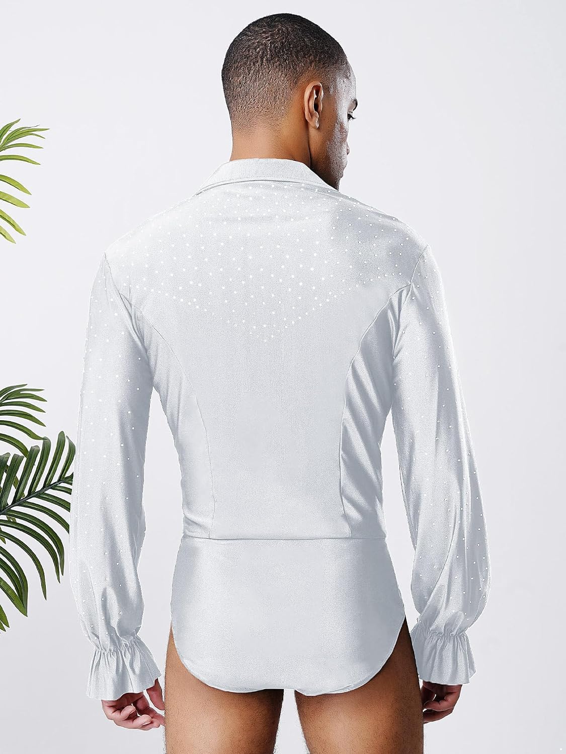 ranrann Men's Long Sleeve Latin Dance Shirts Deep V Neck Salsa Leotard Shirt Modern Ballroom Dance Costume