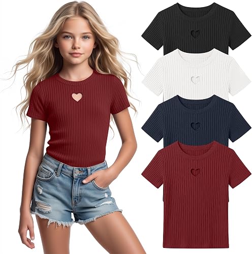 YooAurvox 4 Pack Girls Shirts Cotton Ribbed Knit Tops Cute Short Sleeve Tee(Burg