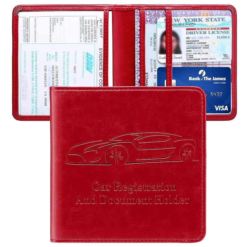 Porta-documentos automotivo para porta-luvas Peisicne com fechamento magnético, 4 compartimentos, couro sintético PU, vermelho, Pacote com 1
