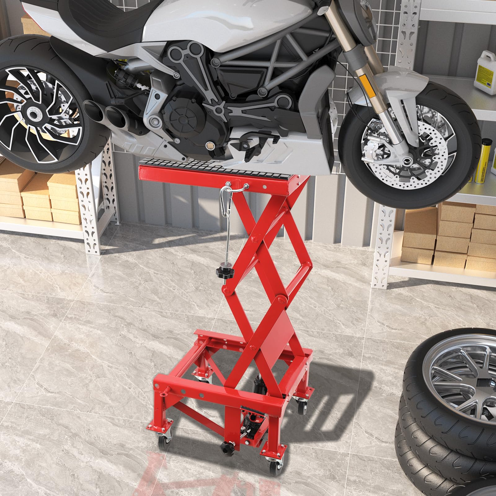Motorrad Hebebühne, Motorradheber 158kg Tragfähigkeit, Höhenverstellbarer zwischen 350-905mm, Hebescheren-Mittelständer für Motorräder ATV, Motorradhebebühne