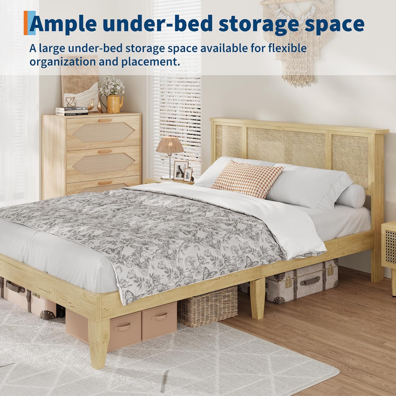 Слика што го прикажува ample under-bed storage space available with the bed frame.