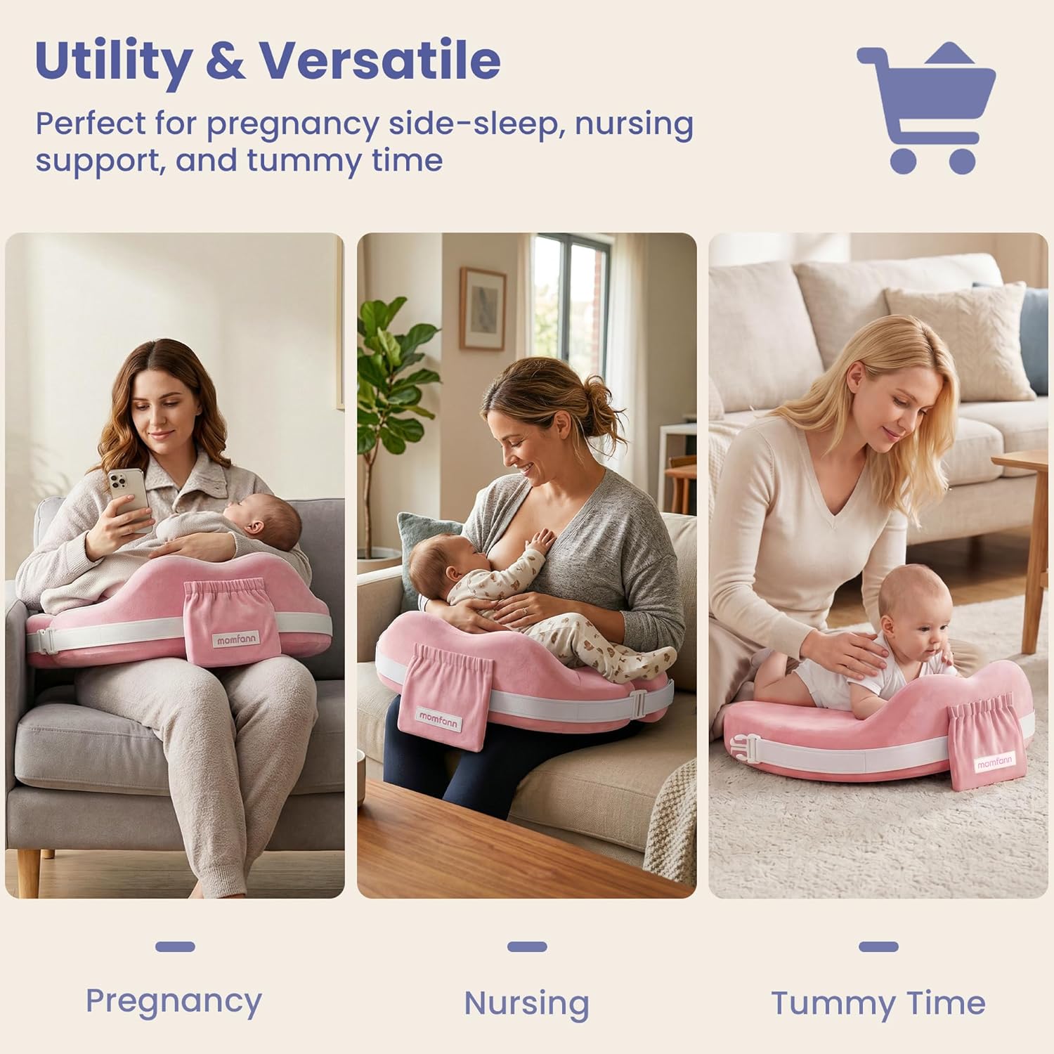MOMFANN Nursing Pillow for Breastfeeding, 60D Firm Memory Foam, Ergonomic Lumbar Support & Safety Fence, Wider Cushion for Back Pain Relief, Adjustable Strap, Removable Machine Washable Cover - Pink