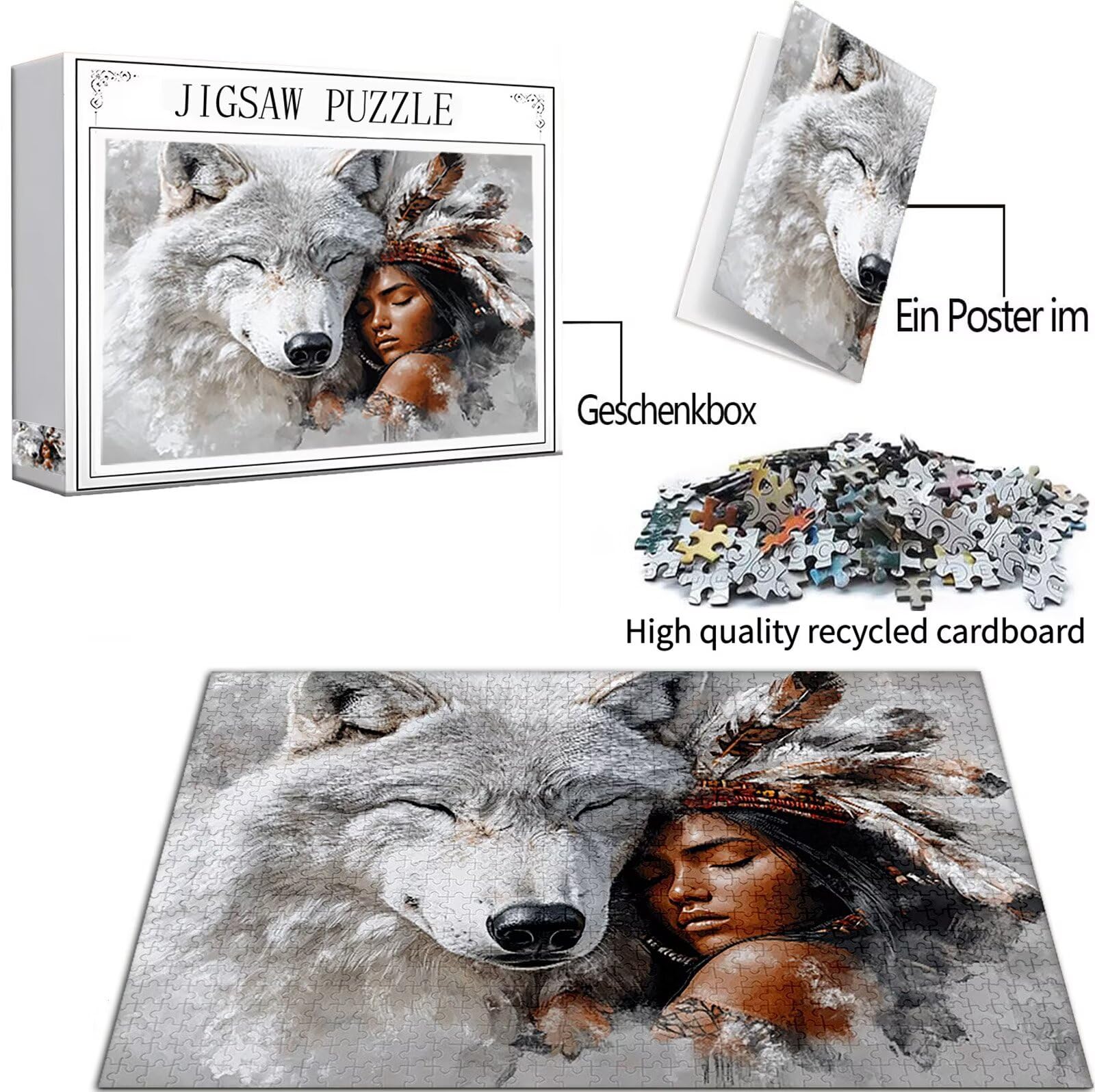 Wolf Puzzle 2000 Teile Erwachsene, Groß Puzzle Feder Poster Design, Holz Jigsaw Kreativ Set für Erwachsene Teile Geschenkbox Verpackung for Wanddeko Wohnzimmer, Geschenke für Männer, 100x70cm,Model470
