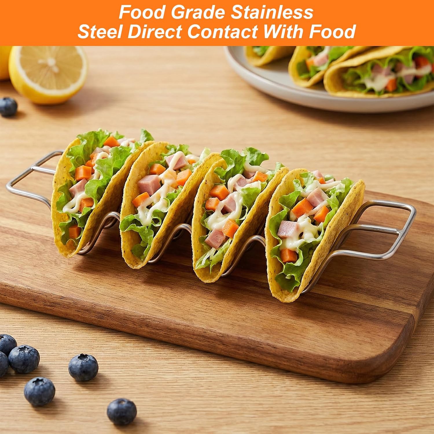 6 Pcs Taco Holders, Stainless Steel Taco Shell Holder Stand, Tacos Tray Plates, Holds 4 Tacos Each, Oven Safe for Baking, Dishwa sher and Grill Safe For Soft & Hard Shell with Handles
