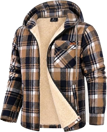 ZITY Mens Flannel Jacket Plaid Zip Up Hoodie Fleece Sherpa Lined Sweatshirt