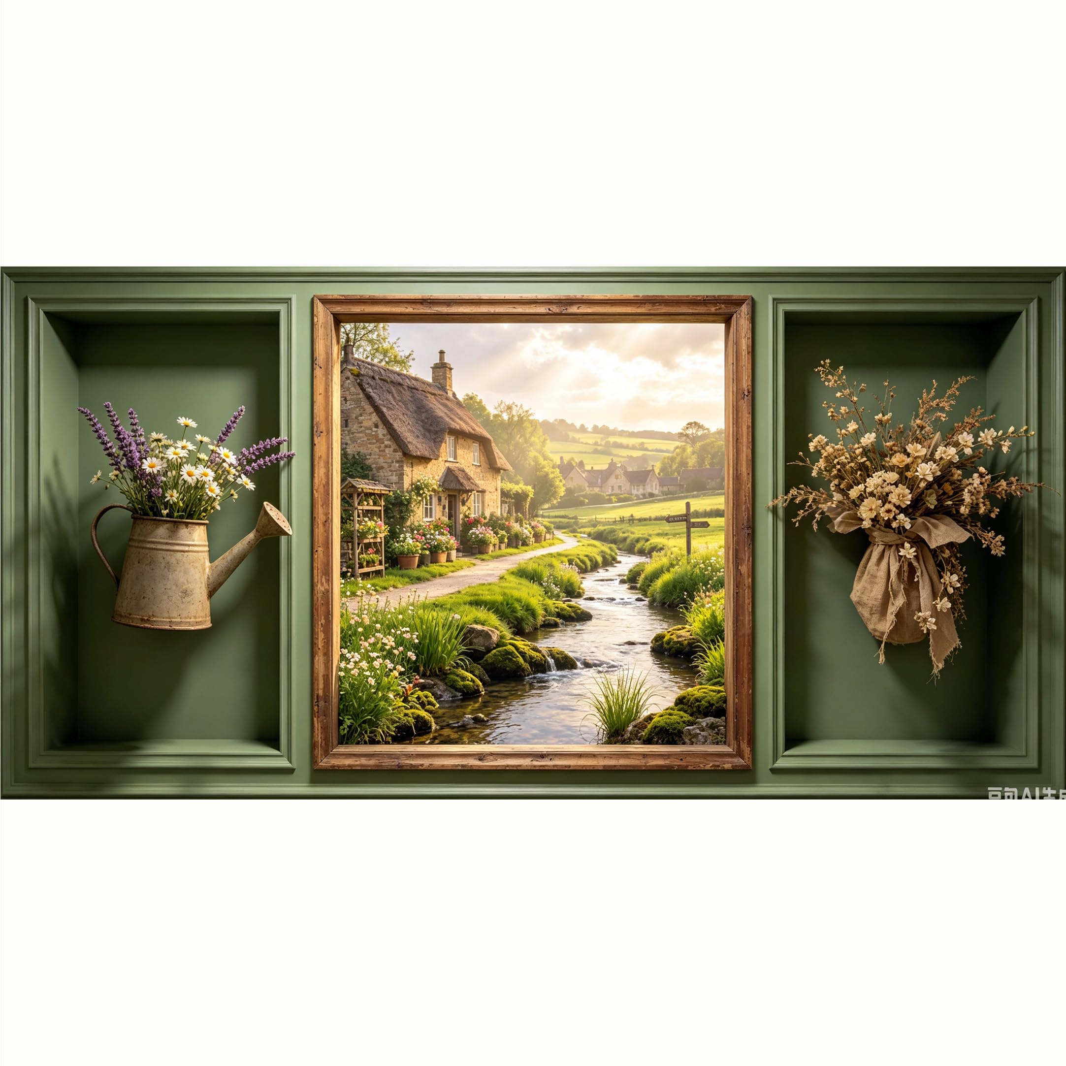 QZLITHOTIC 50x100cm 3D Framed Wall Art， English Countryside Cottage Stream Landscape Farmhouse Style Self‑Adhesive Mural， Water‑Activated Peel & Stick Fabric Decor Wall Decal for Bedroom Living Room