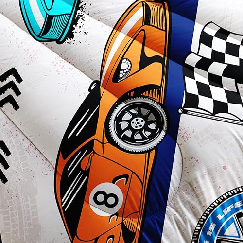 Miniatura 3 de AILONEN Juego de edredón de coche de carreras, tamaño matrimonial, juego de ropa de cama a cuadros para niños y niños, cama de auto de carreras de