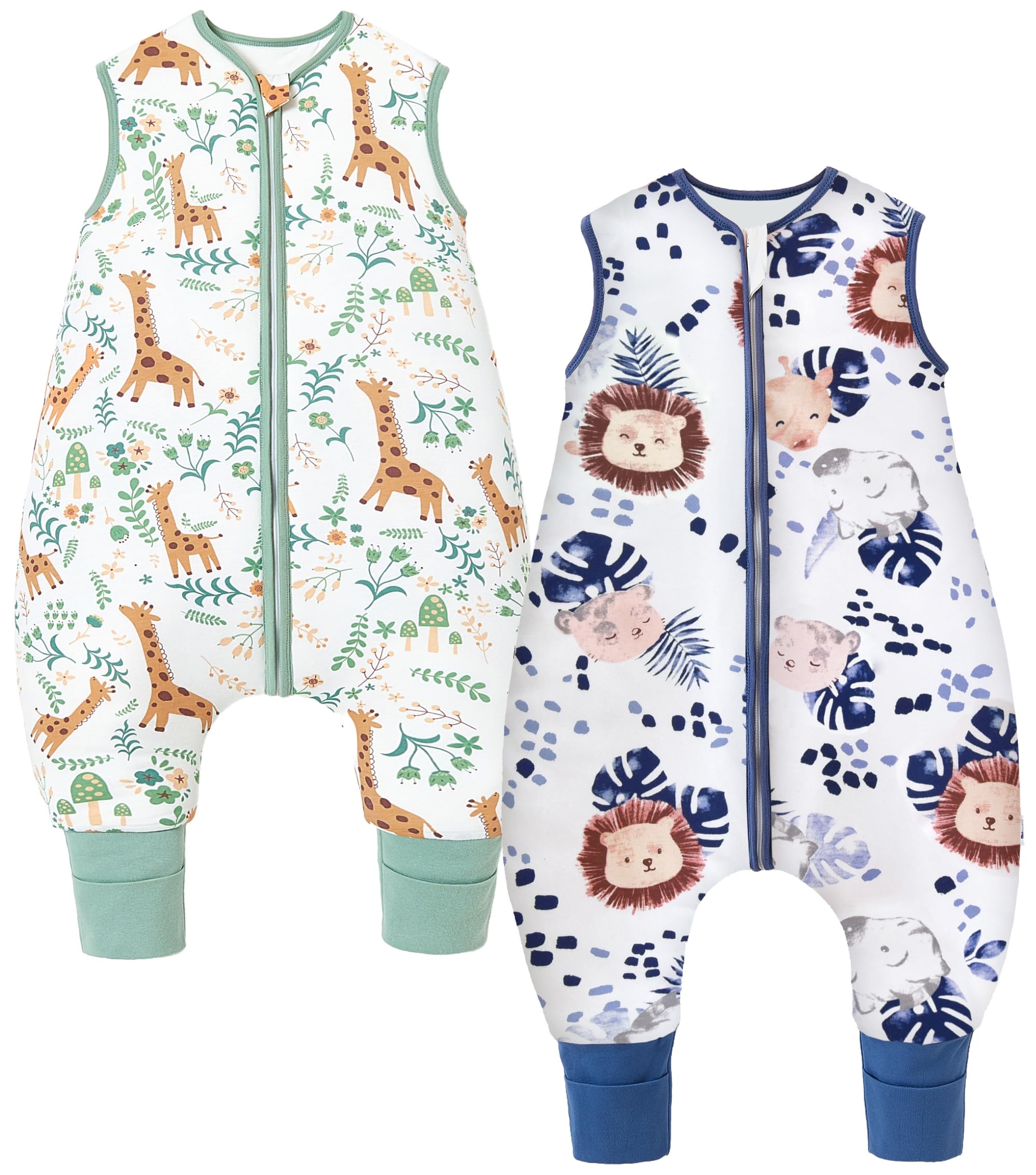 Chilsuessy Baby Schlafsack mit Füßen 2er Pack 2.5 Tog Kinder Winter Schlafsack Soft Baumwolle Baby Schlafsack mit Beinen, 2.5 Tog/Löwen + Tiere, 80cm/Baby Höhe 85-95cm
