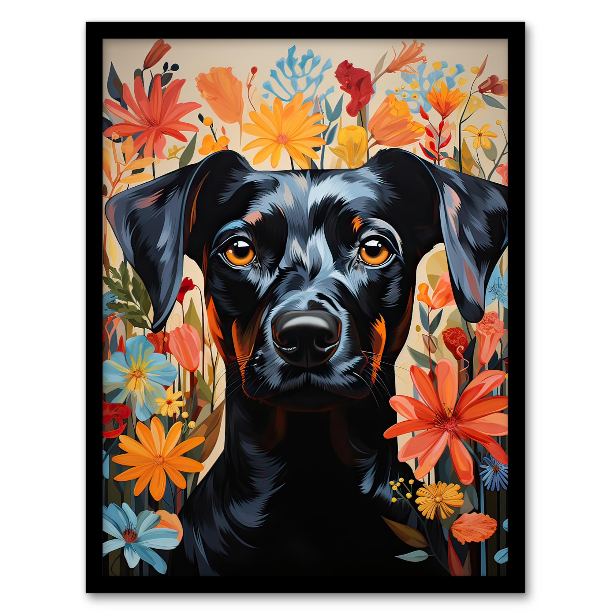 Artery8 The Good Dog Floral German Pinscher Portrait Artwork Framed Wall Art Print 18X24 Inch