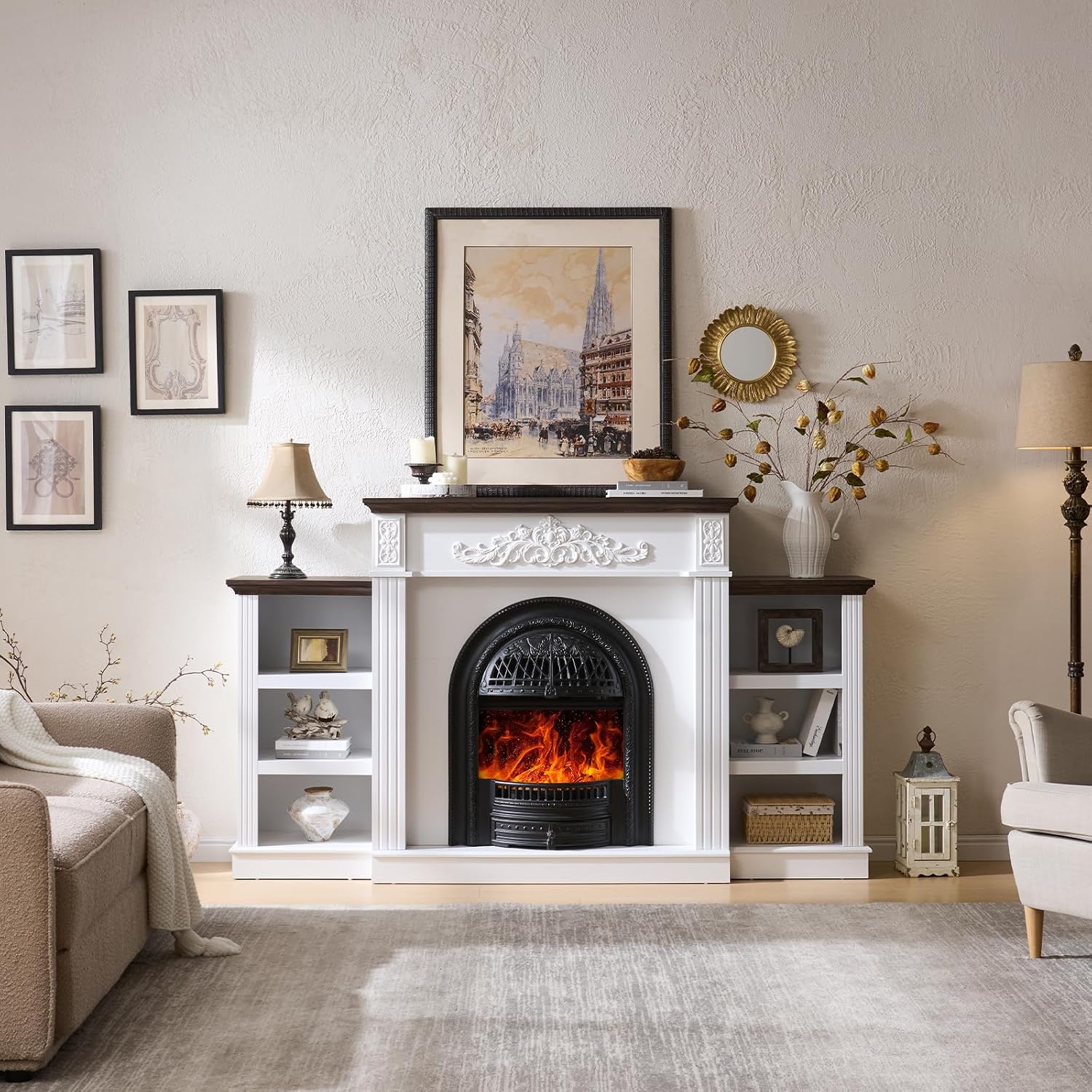 78" Electric Fireplace with Mantel, Electric Fireplace Heater Entertainment Center with Storage,TV Stand with 30'' Fireplace for TVs Up to 90 Inch,Fireplace Insert Heater for Living Room, Bedroom