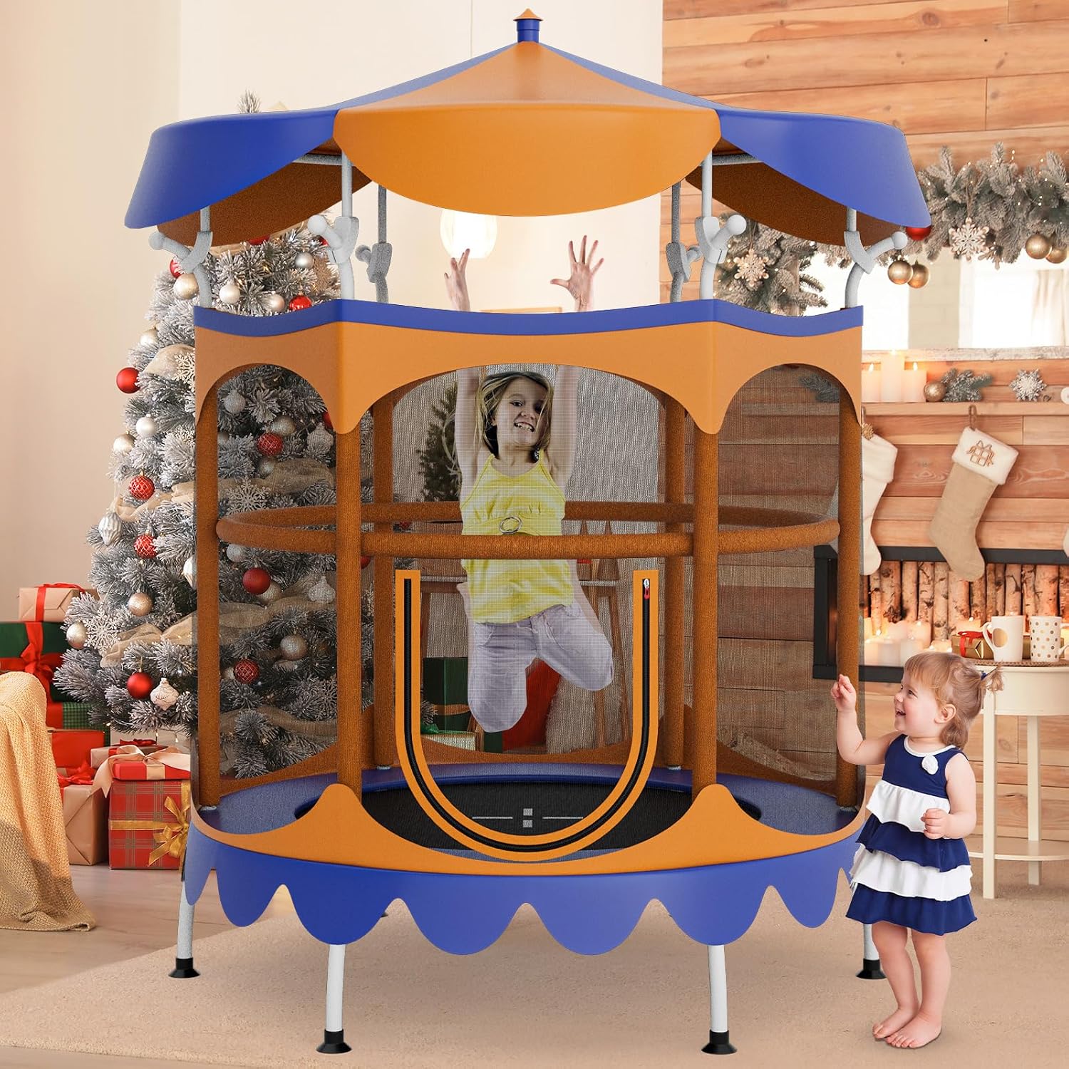 GYMAX Toddler Trampoline, 64” Trampoline for Kids with Removable Canopy, All Round Enclosure Net & Handrail, ASTM Approved Indoor & Outdoor Mini Trampoline, Birthday for Boys Girls