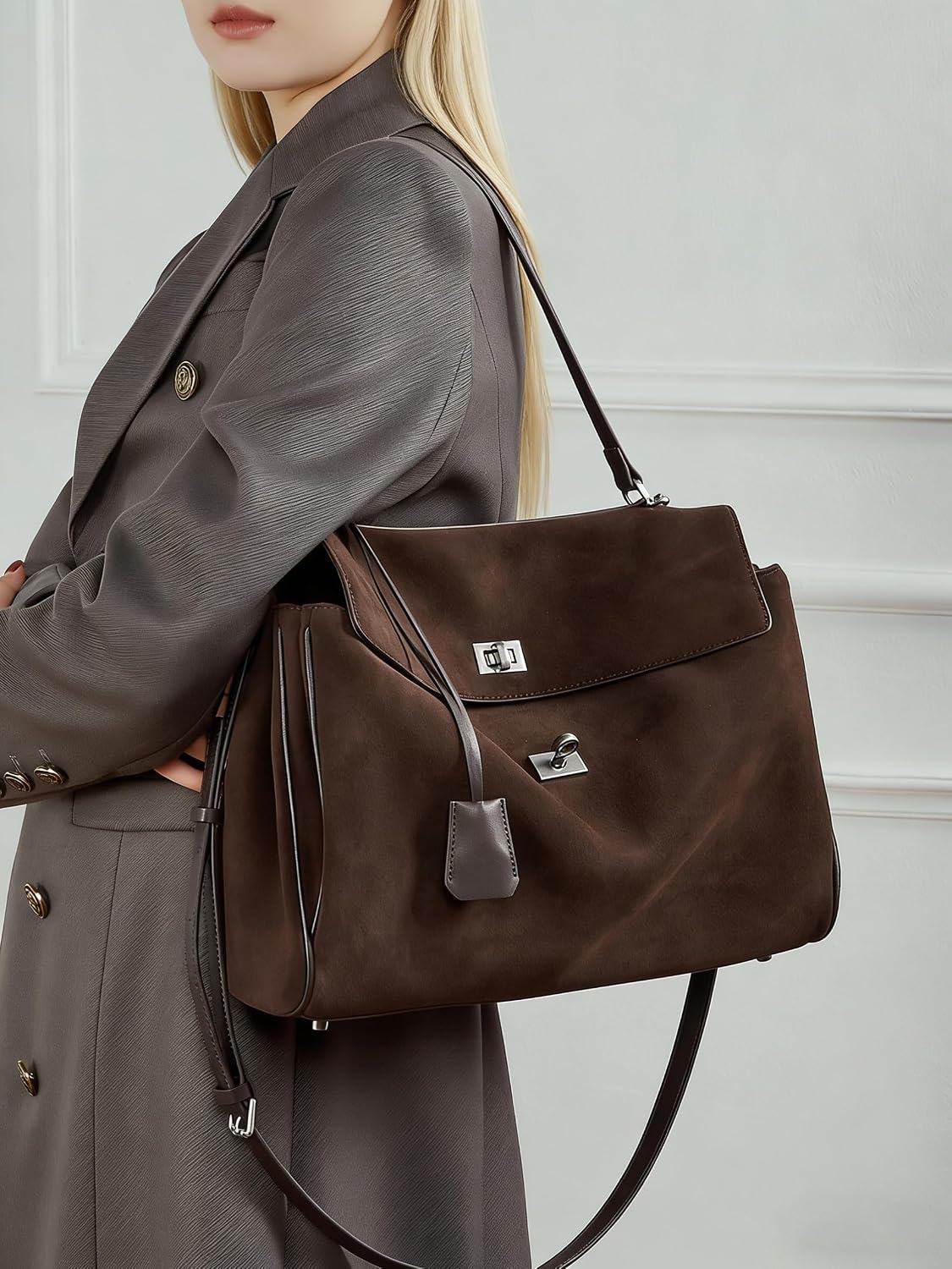 Suede Tote Bag for Women, Soft Cowhide Leather Shoulder Bag