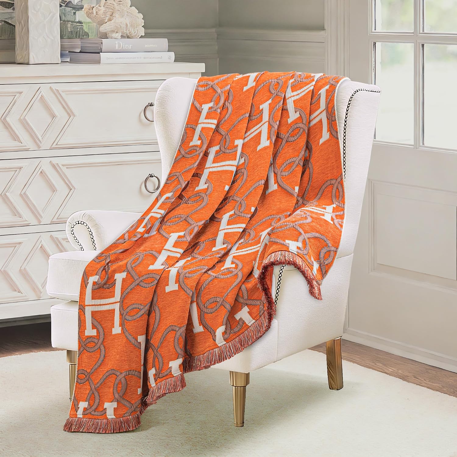 Modern Letter H Throw Blanket for Couch, Luxury Chain Pattern Jacquard Weighted Blanket with Fringe, Chenille Soft Cozy Blanket for Sofa Bed Living Room Chic Home Decor(52”x 72”, Orange)