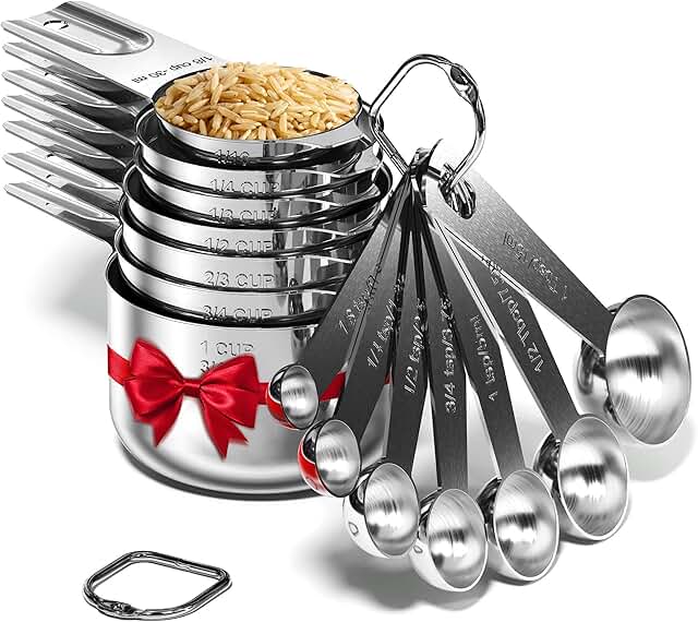 Stainless Steel Measuring Cups and Spoons Set of 16 Pieces — 7 Nesting Cups and 7 Stackable Spoons + 2 D Rings — Professio...
