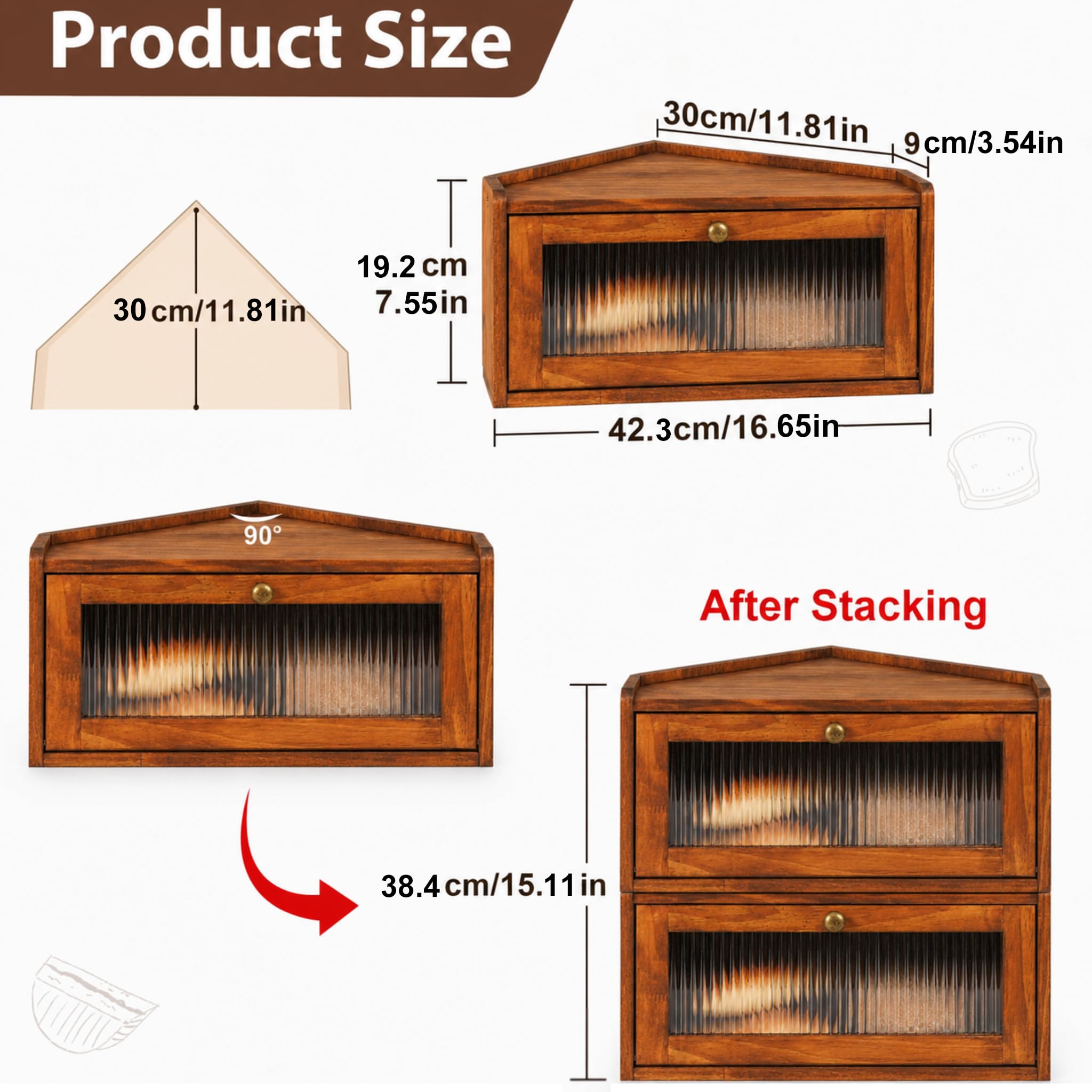 Sunhoo Caja de pan para encimera de cocina, caja de pan de esquina de madera, contenedor de almacenamiento de alimentos, contenedor de almacenamiento de alimentos, rústico, casero, pan, fresco