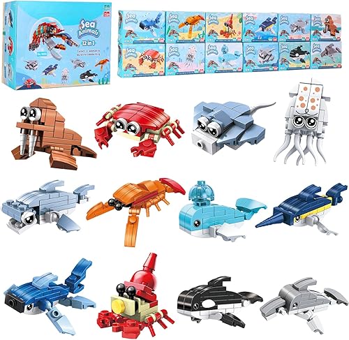 Recuerdos de fiesta para niños, 12 piezas de minibloques de construcción animales del océano, juegos de construcción de juguetes de tronco, juegos