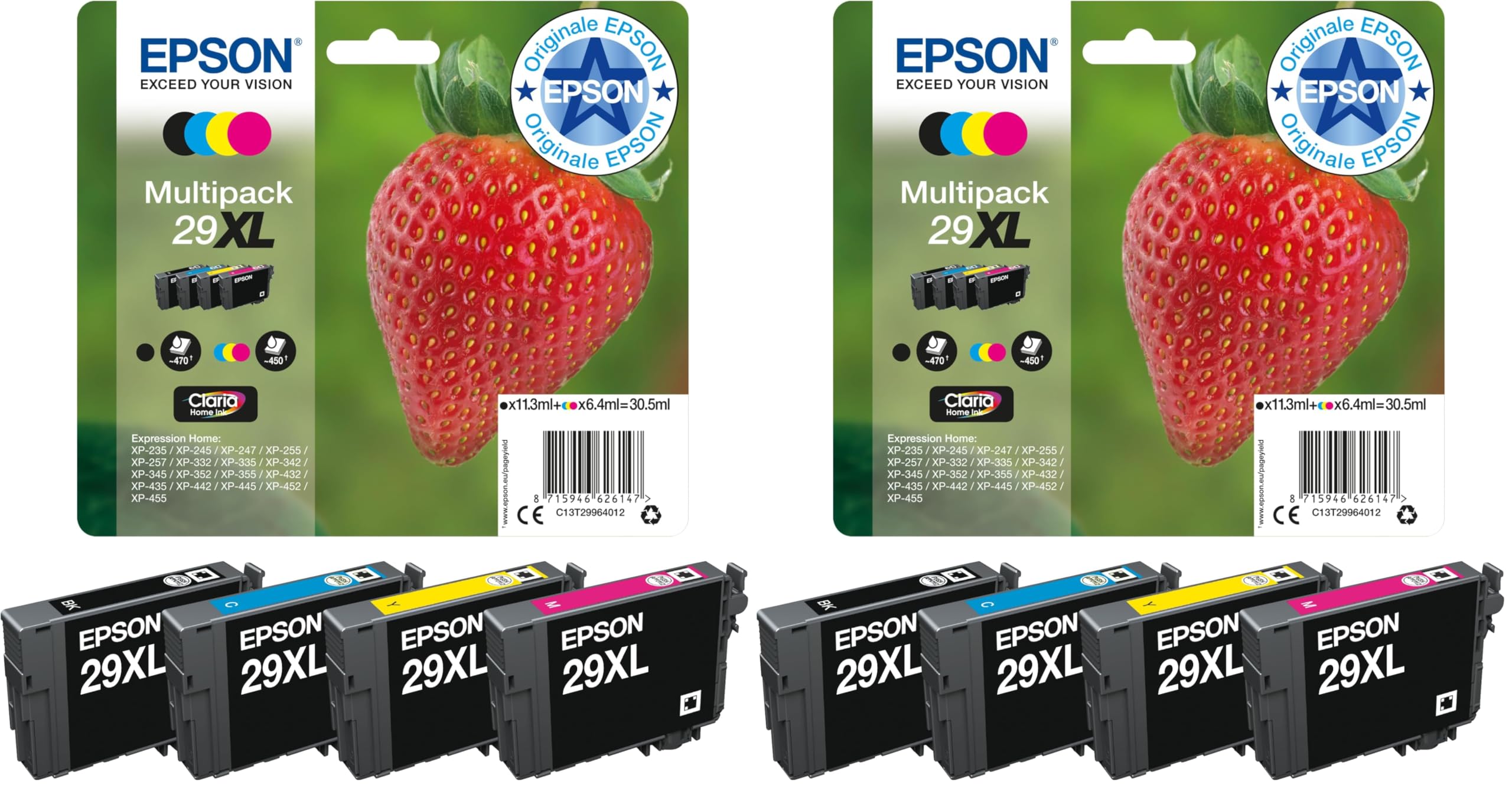 Epson Multipack 29XL Strawberry, Original XL High Yield Tintenpatronen, 4 Farben Schwarz, Cyan, Magenta, Gelb (Packung mit 2)