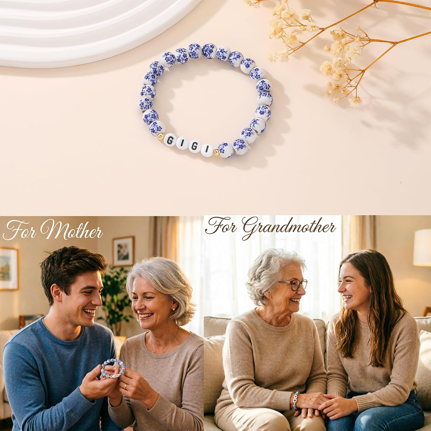 GINAZL Blue and White Porcelain Bow Bracelet, Christmas/Mother's Day/Valentine's Day/Birthday Gift for Mom/Grandma