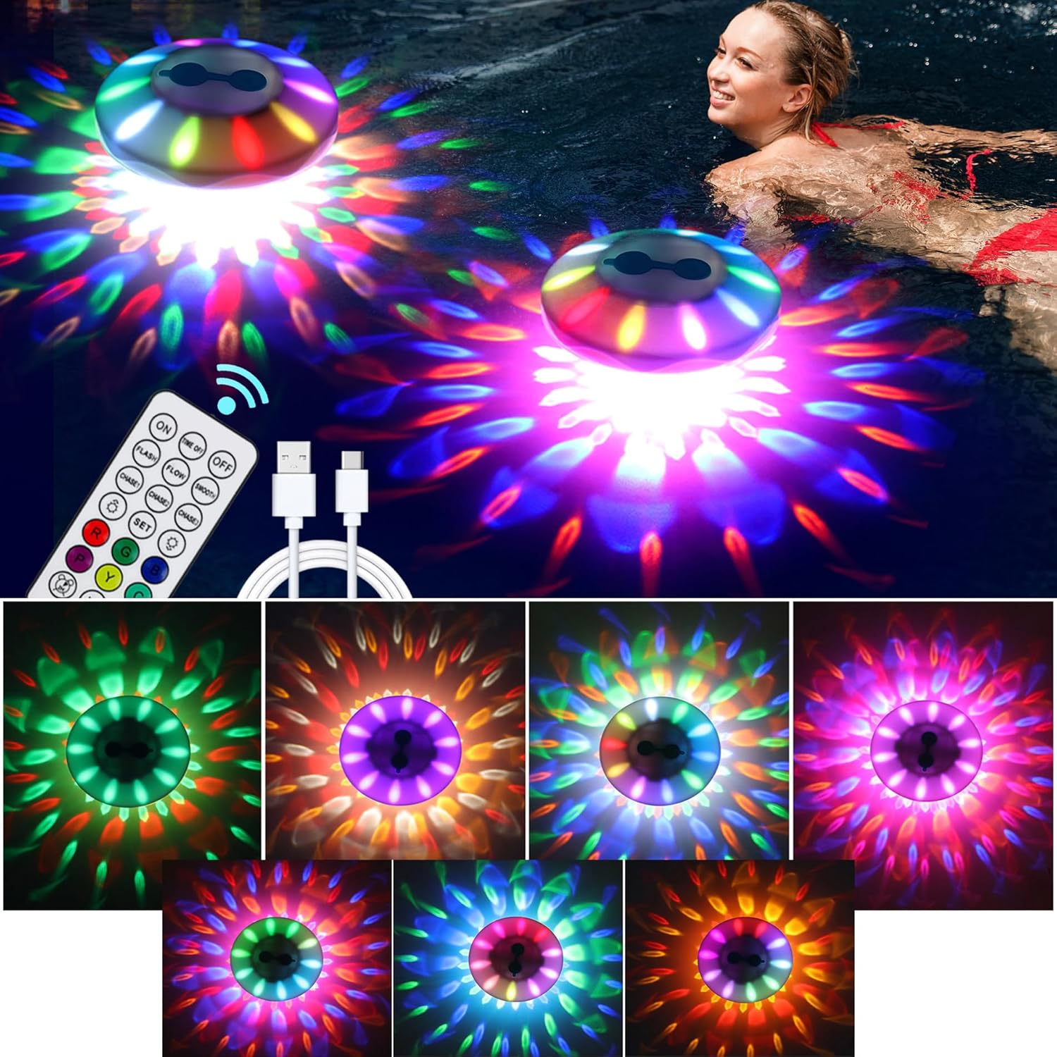 Rechargeable Floating Pool Lights (2 Pack) - Pool Light that Float with Vibrant RGB Colors, IP68 Waterproof Pool Lights, Upper and Lower Color Changing Floating Led Lights for Pond, Bathtub and Party