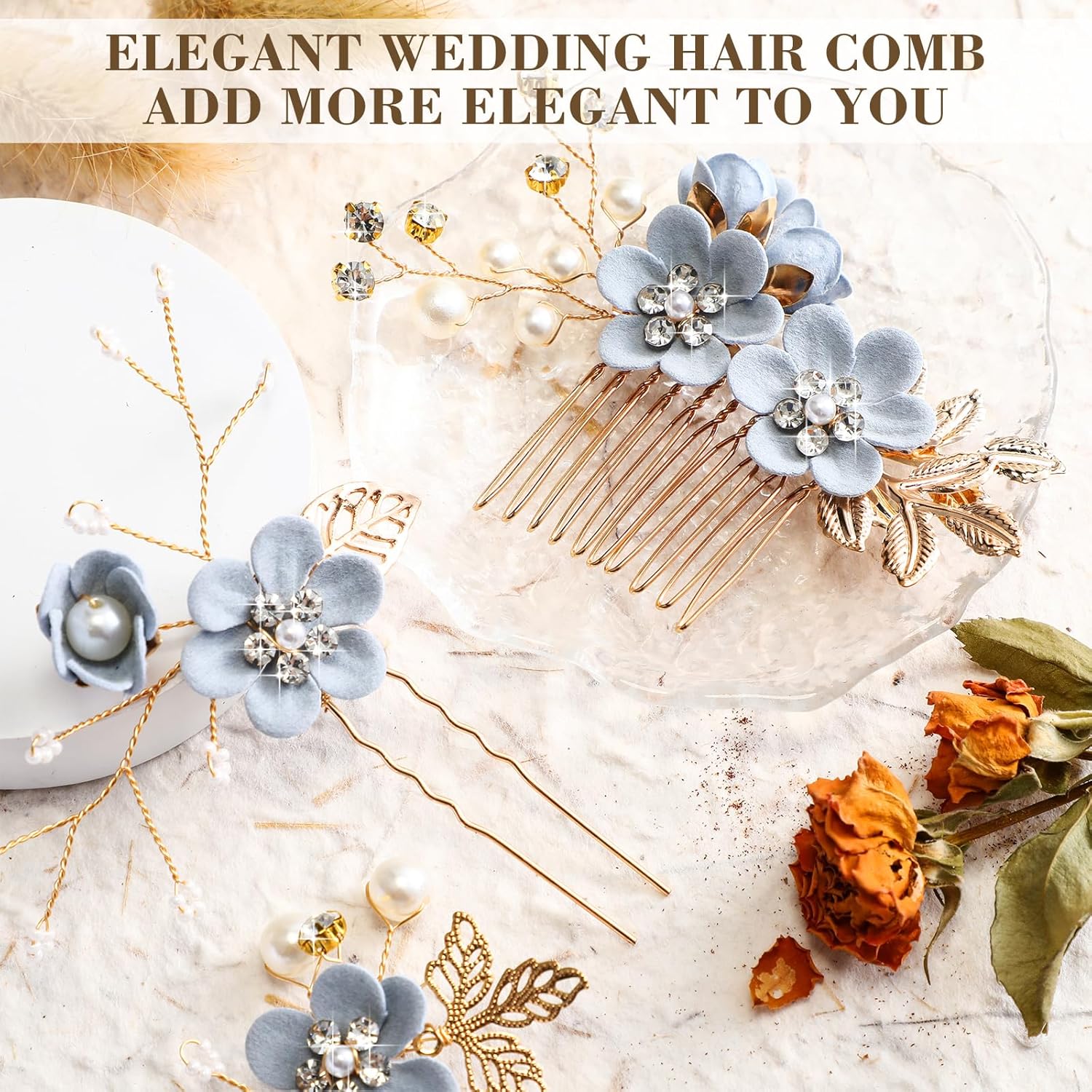 Yeshone 5 Pieces Wedding Hair Comb Bridal Hair Pins Crystal Pearl Accessories Rhinestone Flower Piece for Wedding Bride Women(Light Blue,Fresh Style) - Image 3