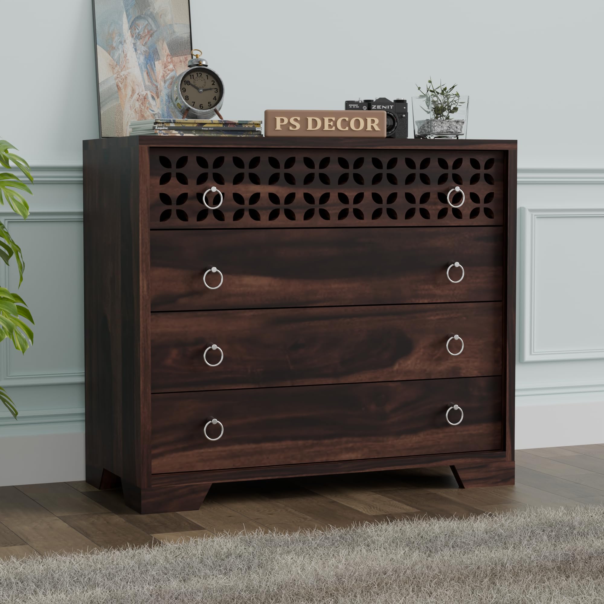 PS Decor Handcrafted Sheesham Wood Dressers Chests of 4 Drawers | Kitchen Crockery Cabinet Unit | Sideboard Storage Cabinets | Bedroom Furniture | Wooden Chests of Drawers (Walnut Finish)-image-29