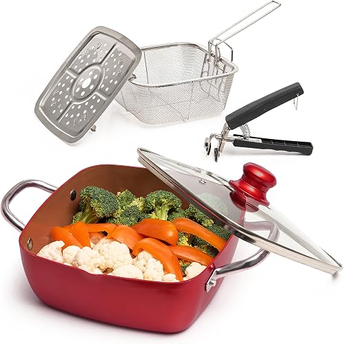 Moss & Stone 5 Pcs Red Copper Chef Cookware Non Stick Deep Frying Pan, Fry Baske