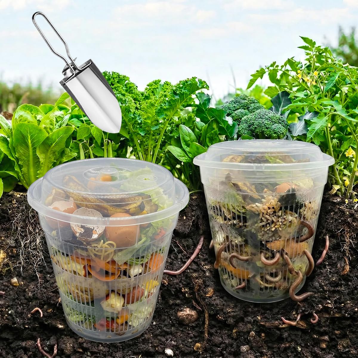 Komposter, Wurmkomposter, 19 x 13 x 17 cm, für den Außenbereich, Wurmkomposteimer mit Löchern und Deckel, für Gartenbeete, Zuhause, Hinterhof, Wurmfarm, Kit für Anfänger, 3 Stück