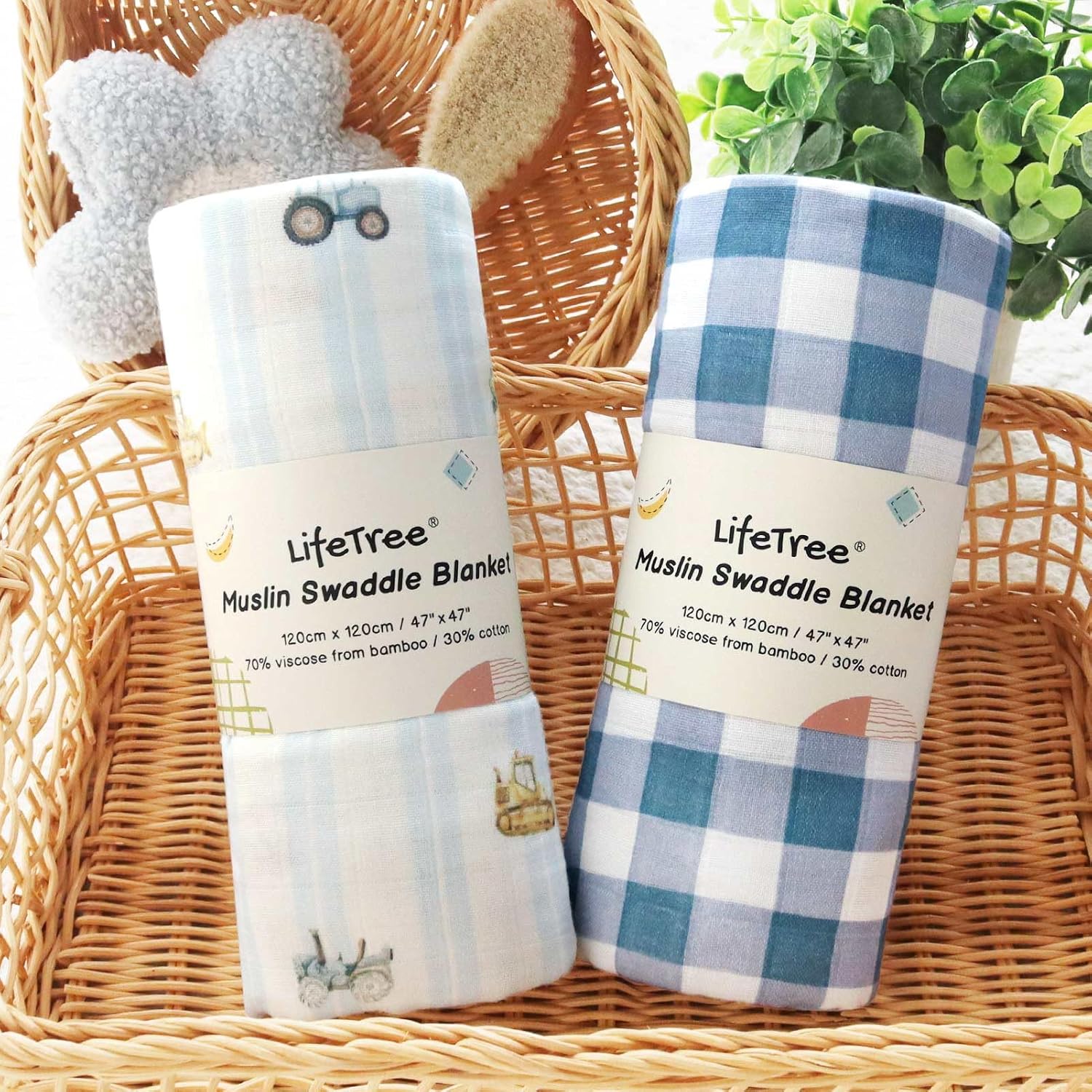 LifeTree Baby Swaddle Blankets, Boys Girls Muslin Swaddling Wrap Receiving Blanket for Newborn, 70% Viscose from Bamboo and 30% Cotton, Large 47" x 47", Car and Checkered