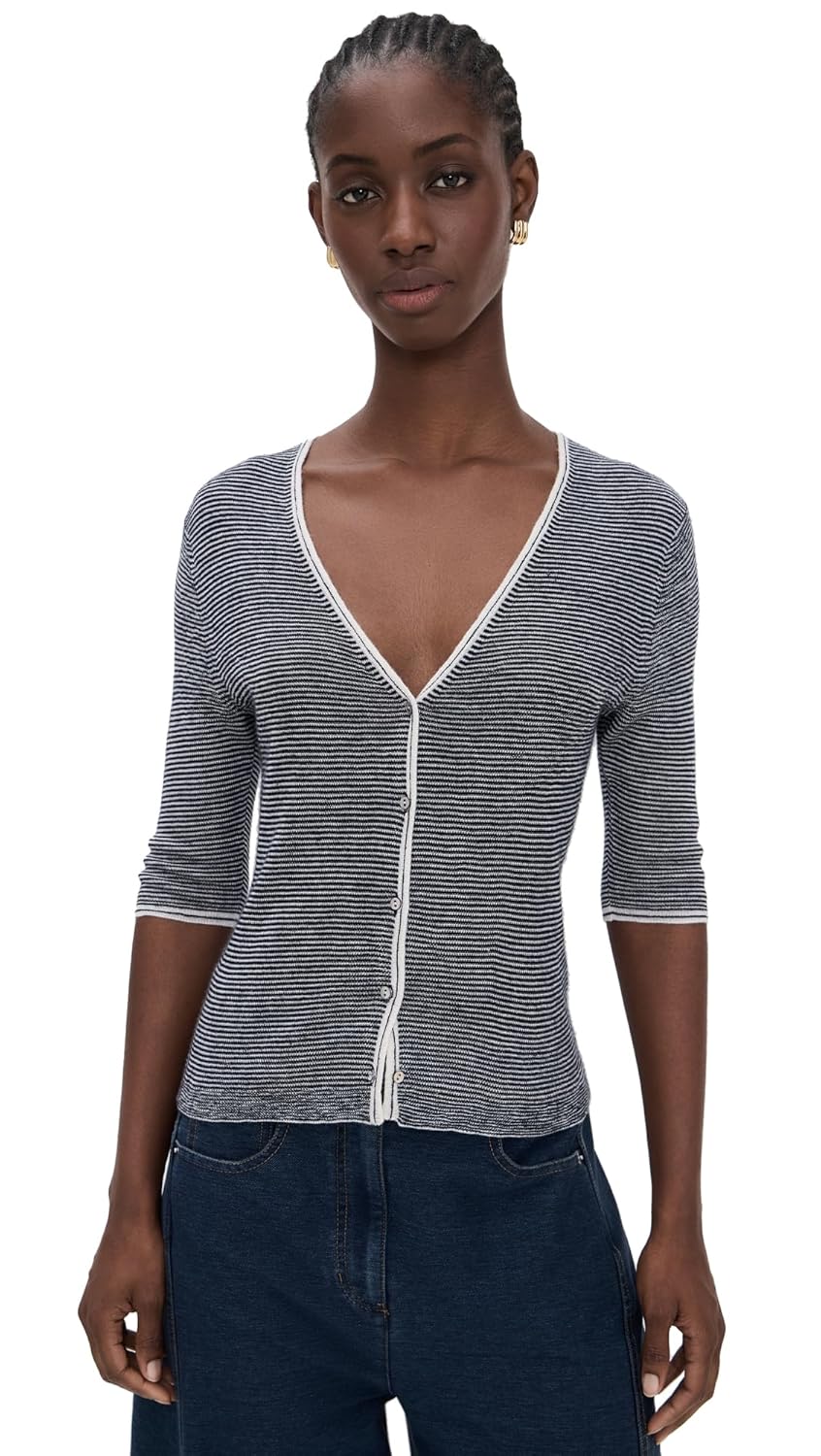 Vince Womens Microstripe V Neck Cardigan